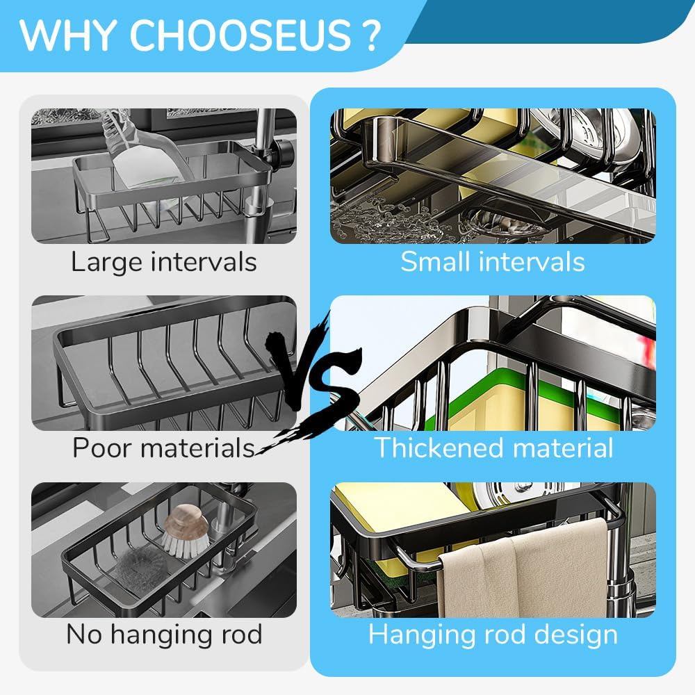 Sink organizer rack for kitchen and bathroom, Kitchen Sink Faucet Organizer with Drip Tray Faucet Sponge Holder (Black, Left)