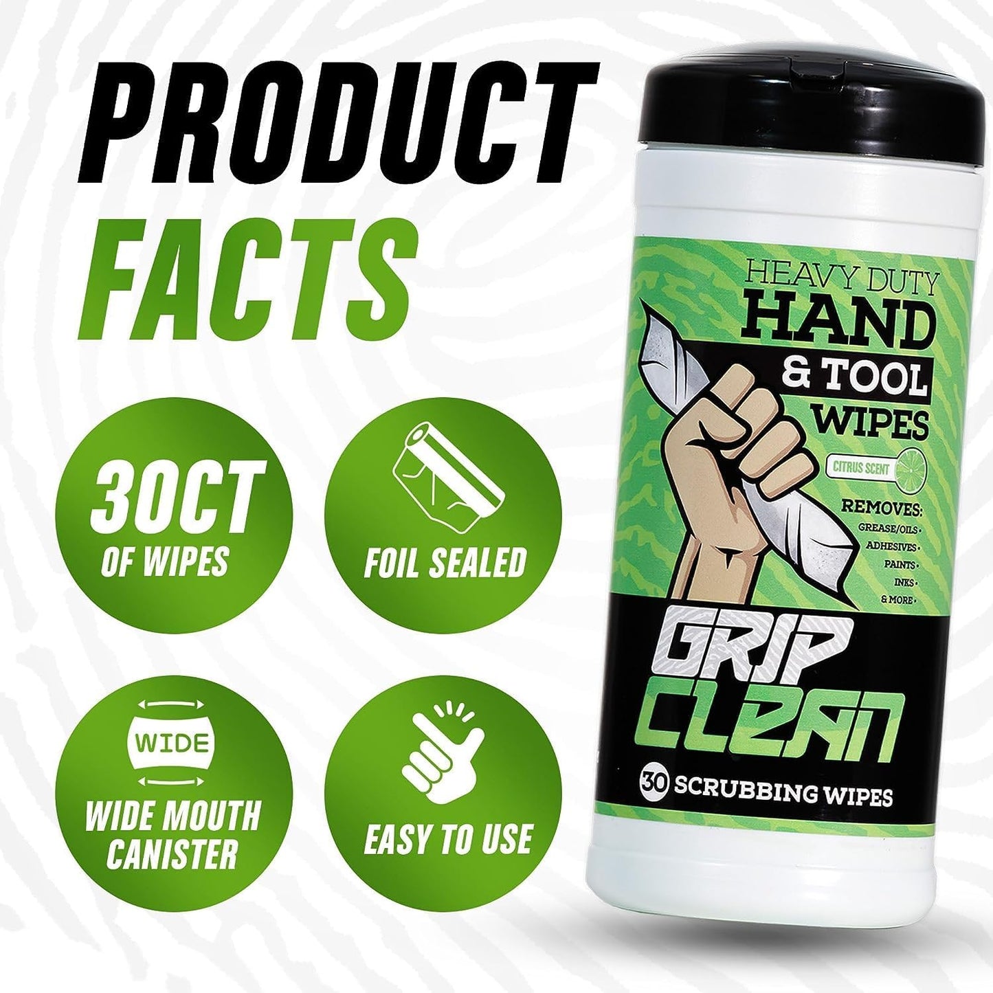 Grip Clean Heavy Duty Hand & Tool Cleaning Wipes – Waterless Hand Cleaner for Mechanics, Garage & Shop Use – Dual-Sided Grease, Oil & Paint Remover Wipes with Citrus Scent - 30ct (6 Pack)
