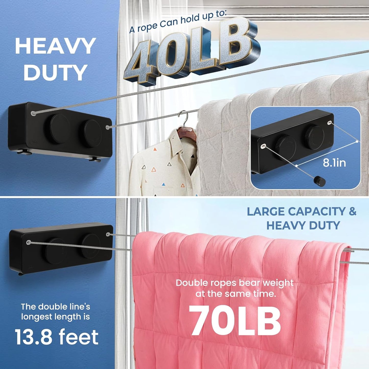 Retractable Clothesline Indoor Outside Heavy-Duty, Upgrade 304 Double Stainless Steel Shower Room Clothes line, Fit Rv Balcony Courtyards Indoor Drying Rack Clothesline, 13.8ft