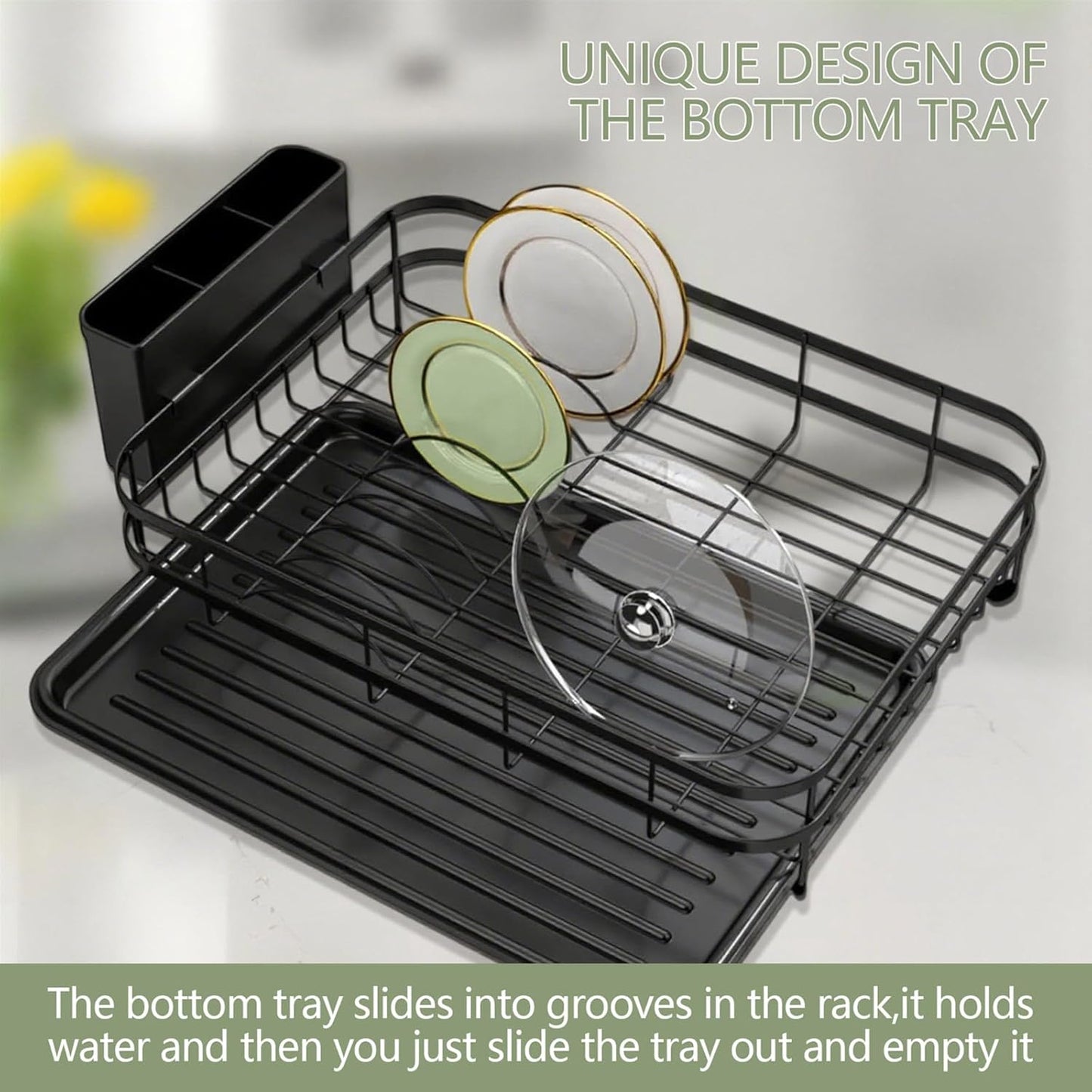 Dish Drying Rack Stainless Steel Drying Racks for Kitchen Counter Large Capacity Storage Racks with Drainboard Curlery Holder Black