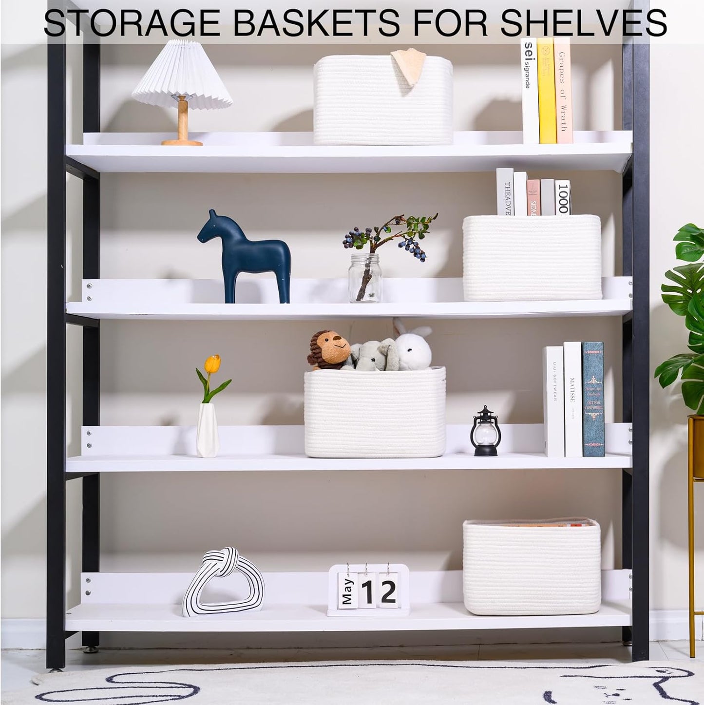 White Storage Baskets for Organizing, Woven Storage Baskets for Shelves, Cotton Rope Basket for Storage, Cute Rectangular Book Toy Basket, 12.7"×9.1"×7.9", 4 Packs, Off White