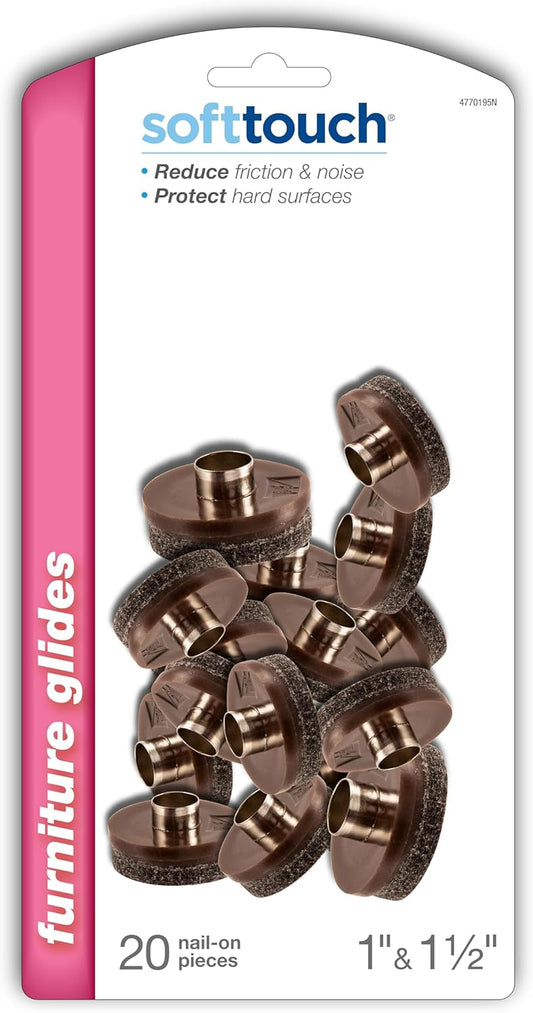 Nail-on, Heavy Duty Felt Pads for Wood Furniture and Hard Surfaces Value Pack (20 piece) - Walnut Brown, Round 1" in & 1.5" in