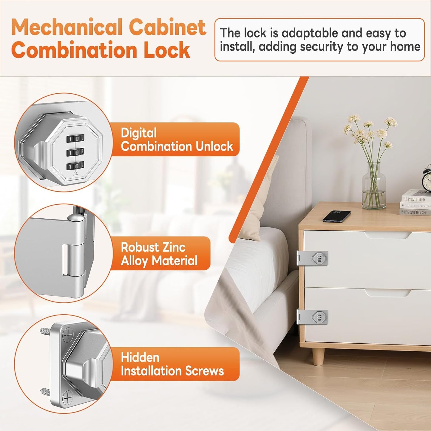 90 Degree 3-Digit Combination Cabinet Lock, Zinc Alloy Keyless Folding Hasp Lock Latch, Password Security Rotary Door Latch for Office File Cabinet, Drawer, Locker, Cupboard (2, Silver)