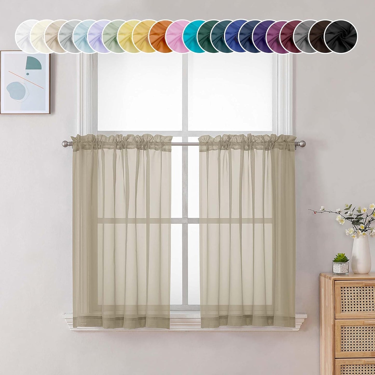 Chyhomenyc Taupe Sheer Curtains 36 inch Length 2 Panels, Light Filtering Voile Rod Pocket Short Window Curtians for Bathroom Living Room Farmhouse Small Windows, 42Wx36L inches