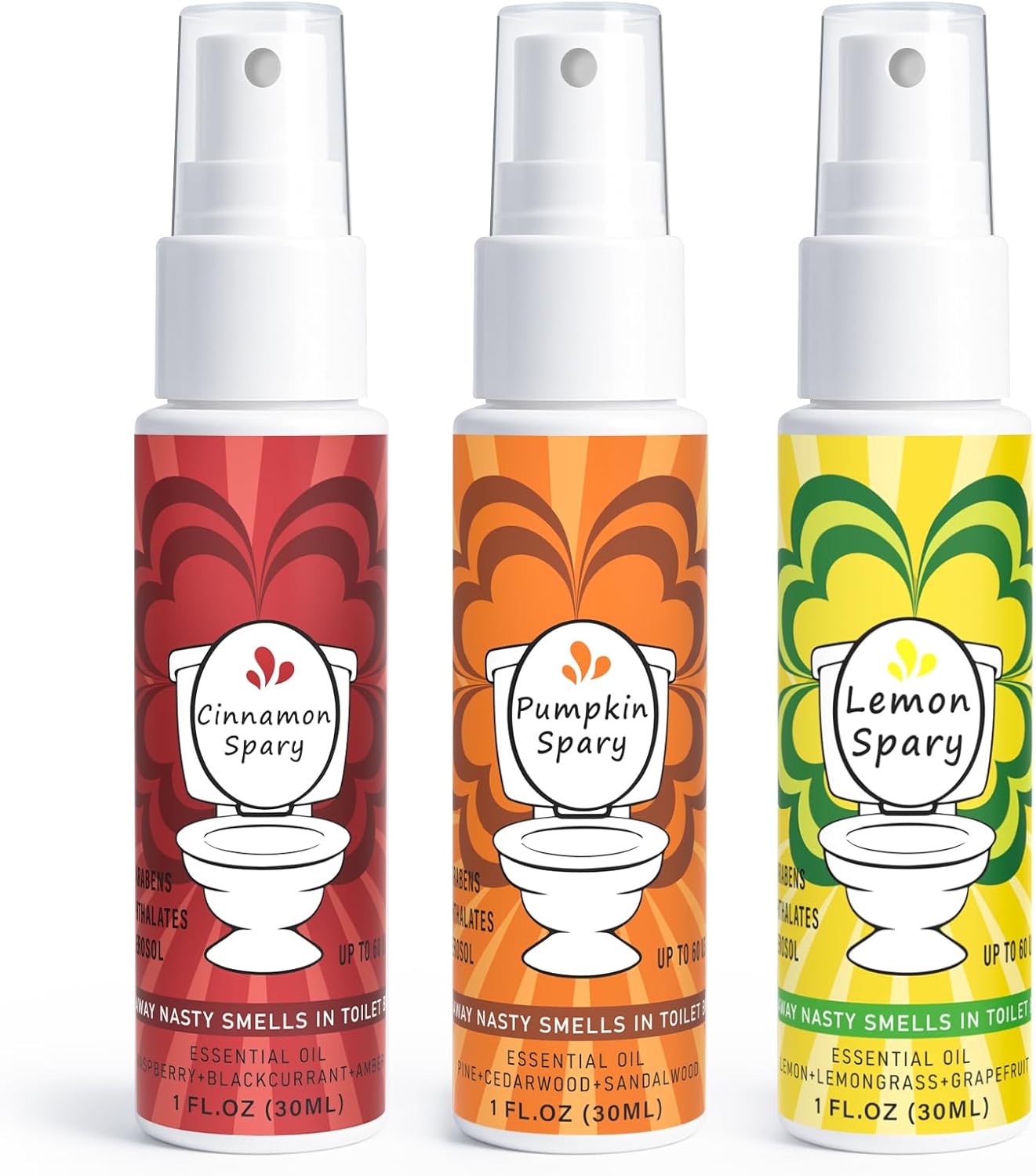 Toilet Spray for Poop 3 Pack, Travel Size Variety, Bathroom Odor Eliminator - Pumpkin Lemon Cinnamon
