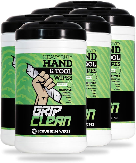 Grip Clean Heavy Duty Hand & Tool Cleaning Wipes – Waterless Hand Cleaner for Mechanics, Garage & Shop Use – Dual-Sided Grease, Oil & Paint Remover Wipes with Citrus Scent - 72ct (6 Pack)