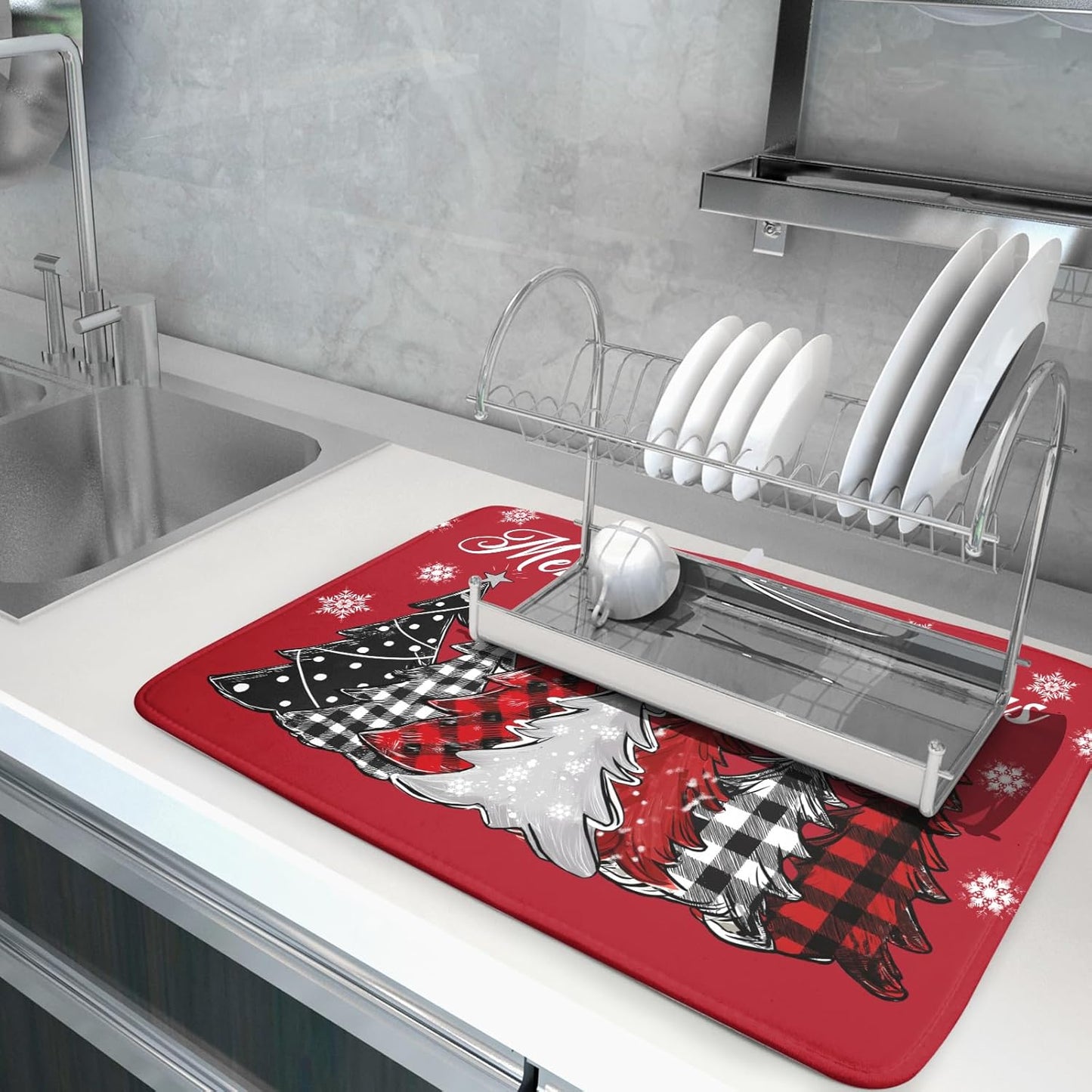 Merry Christmas Dish Drying Mats for Kitchen Counter 18x24 Inch Christmas Tree Snowflake Mat Xmas Buffalo Plaid Dish Rack Mat Reversible Absorbent Dishes Pad Kitchen Accessories for Counter tops