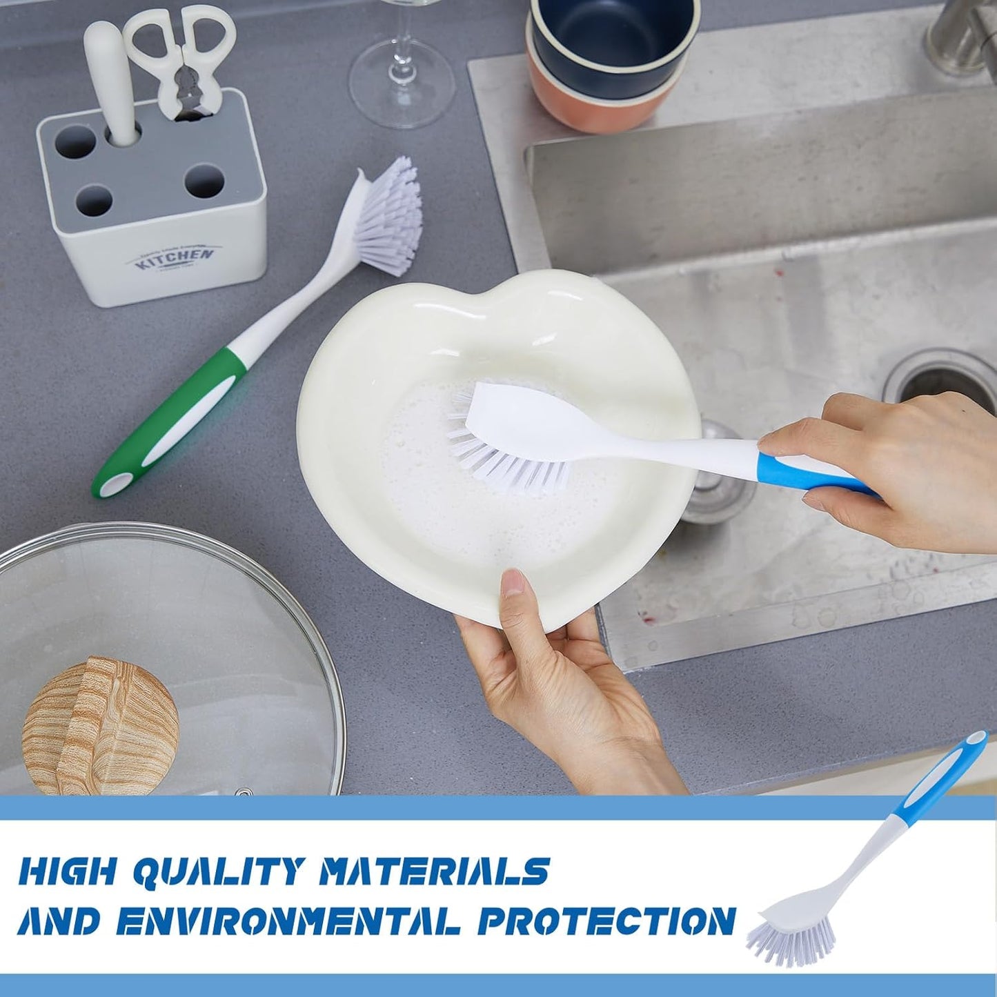 Hsei 6 Pcs Blue and Green Kitchen Scrub Dish Brush Bulk with 11 Inch Anti Slip Handle Cleaning Dish Scrubber with Stiff Bristles Washing Scrub Brushes for Housekeeping for Pots and Pans, Kitchen Sink