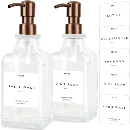 Emerson Essentials Soap Dispenser, Dish Soap Dispenser, Soap Bottle Bathroom Set, Farmhouse Stainless Steel, Kitchen Soap Dispenser Set - Glass Soap Dispenser with Pump and Labels, 16 Oz, 2 Pack