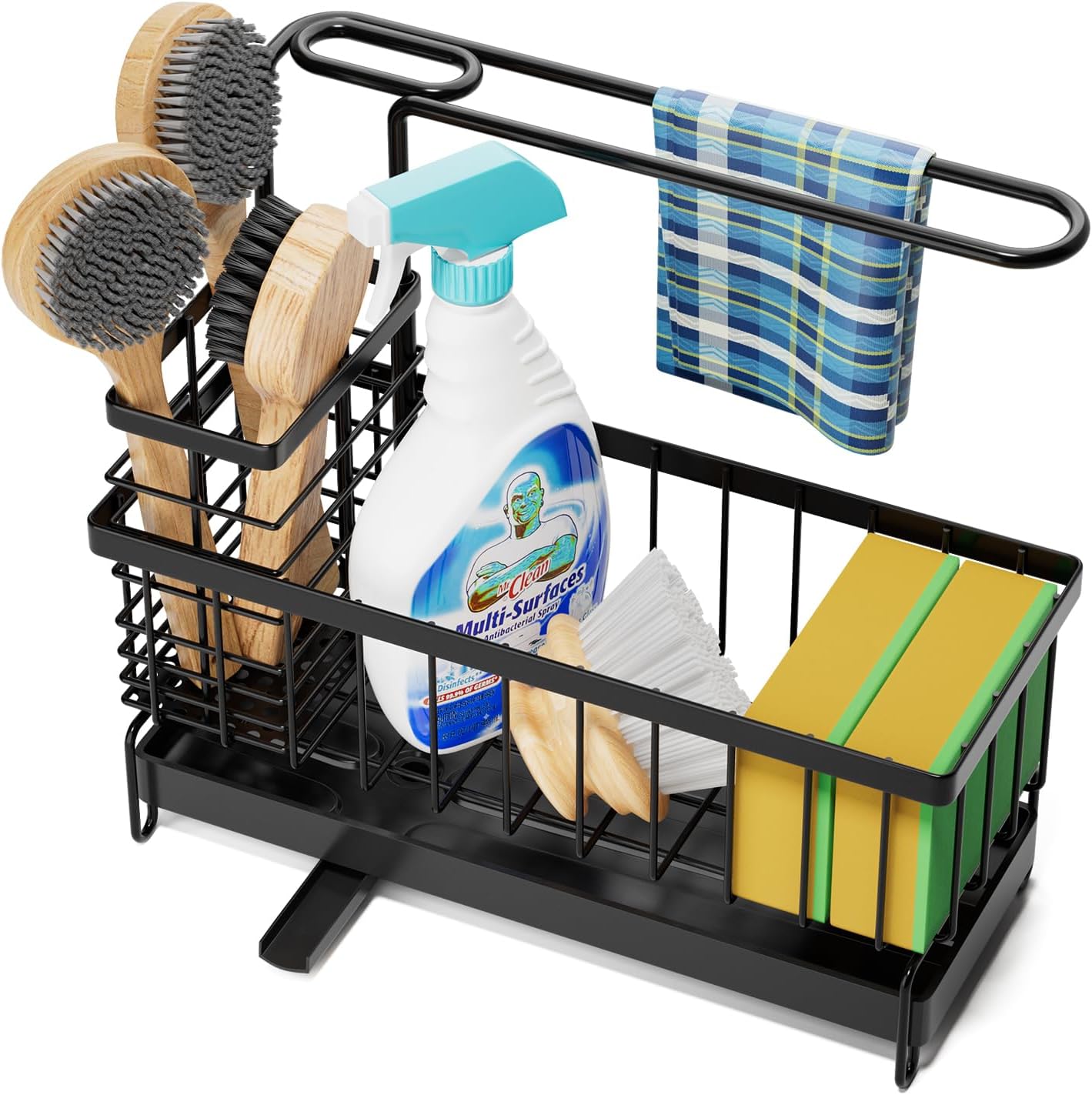 Kitchen Sink Caddy, Sponge Holder with 360 Degree Rotating Drain, Carbon Steel Organizer with High Brush Holder Rustproof, Sink Caddy Organizer for Kitchen Gadgets and Decor