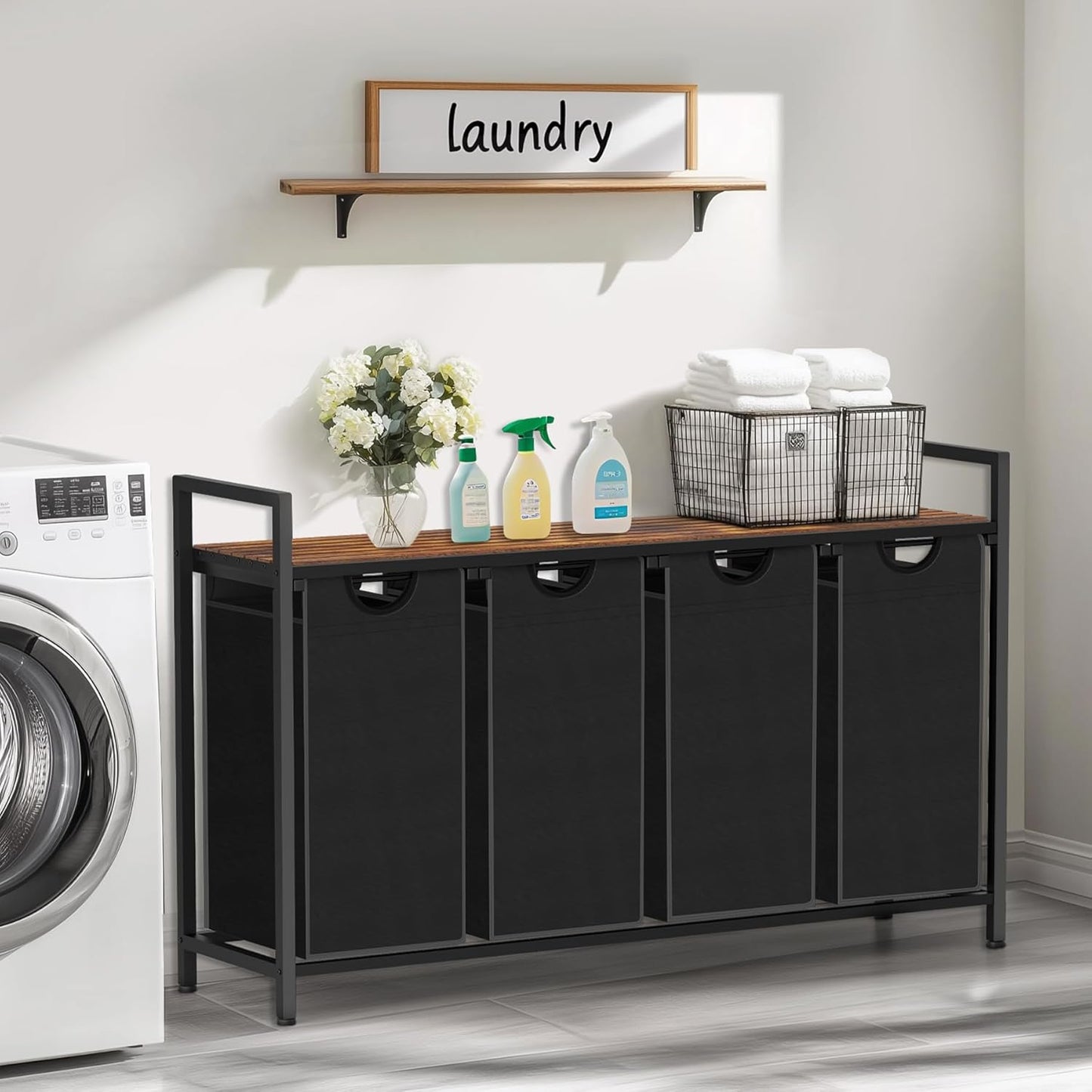 Laundry Hamper, Laundry Sorter with 4 Pull-Out Removable Oxford Fabric Bags Cloth Laundry Basket 4 x 10 Gallons (Black and Rustic Brown)