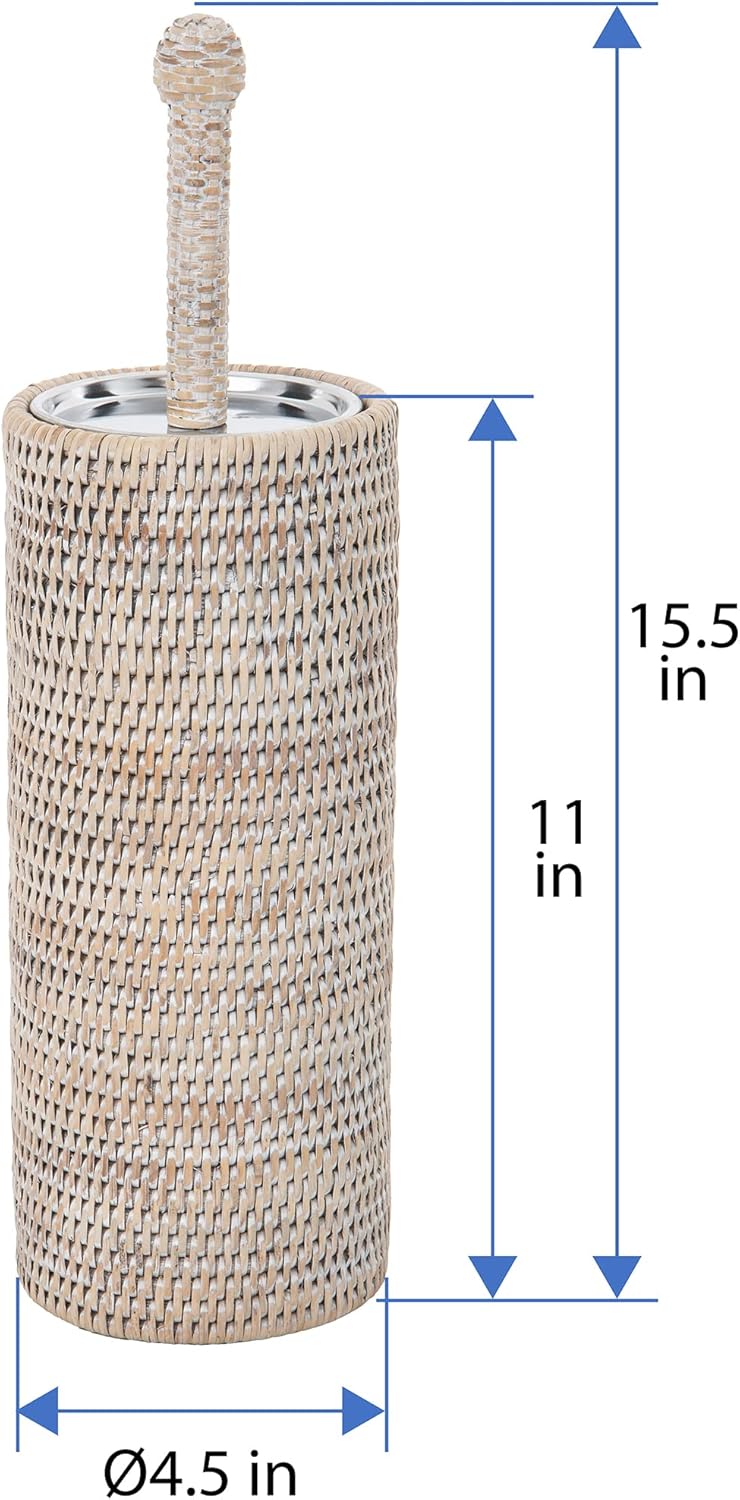 La Jolla Decorative Rattan Toilet Brush Set White Wash Handwoven Toilet Brush and Holder with Removable Cup & Lid Hygienic Odor-Free Design - 4.5" x 15.5" Size