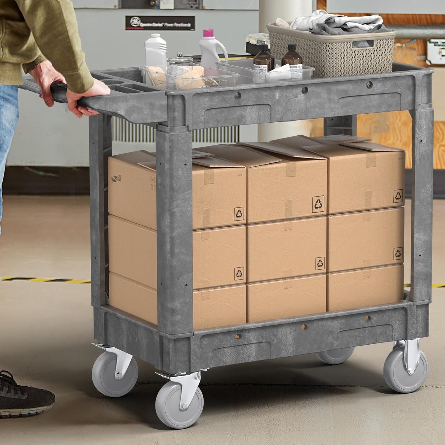 Heavy Duty Rolling Utility Cart with Wheels 2-Tier Utility Plastic Service Work Cart for Shop, Garage, Warehouse, Maintenance 550 lbs