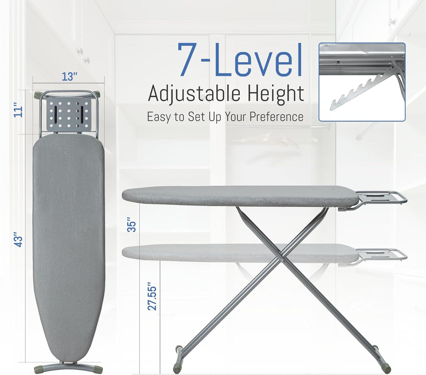 Ironing Board Full Size, BlissBoard 43"x13" Sturdy Heavy Duty Iron Board with Iron Rest, Heat Resistant Cover with Ultra Thick Padding, Height Adjustable, Silver