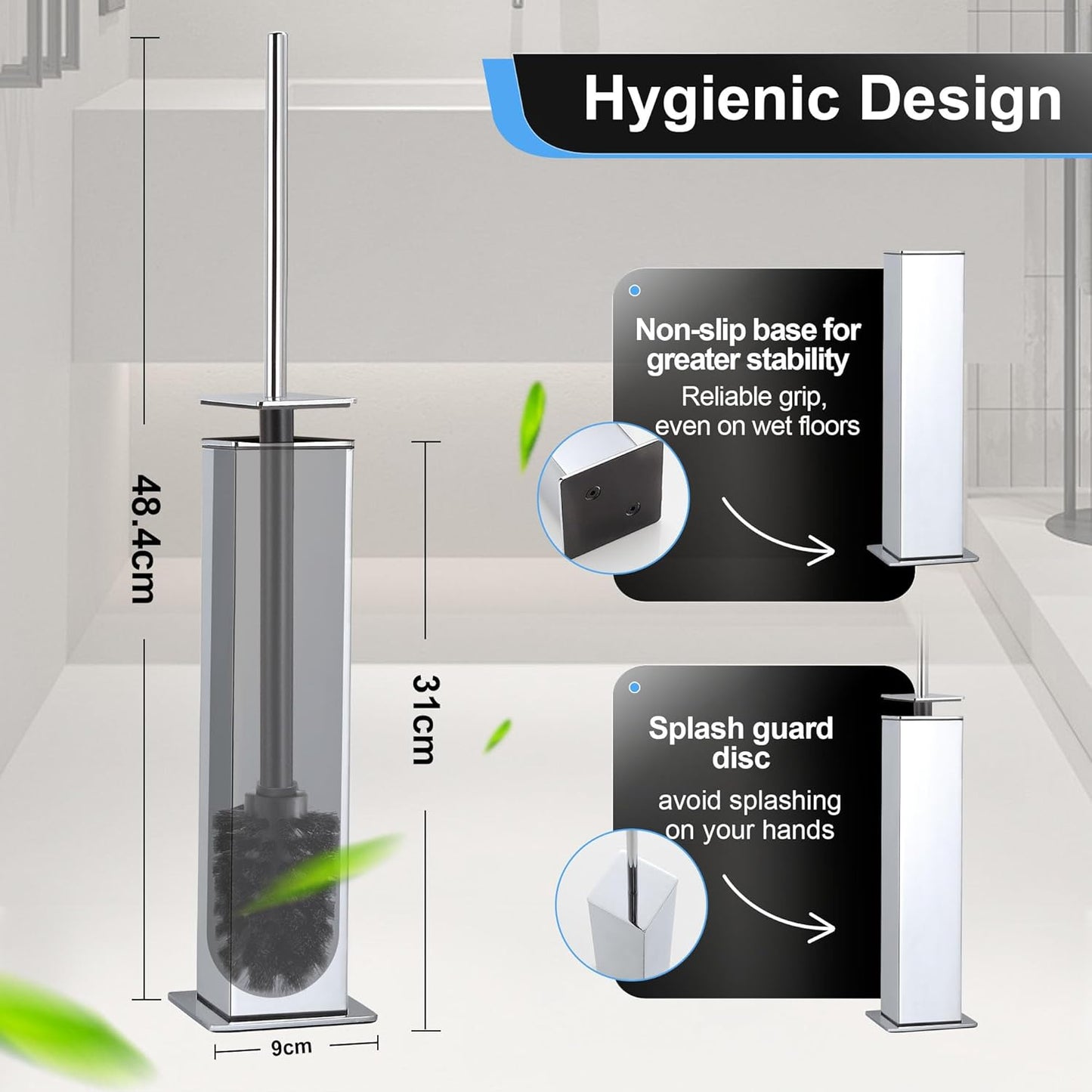 BVL Toilet Brush and Holder Set Chrome Stainless Steel 304 Square Freestanding Toilet Brush for Bathroom