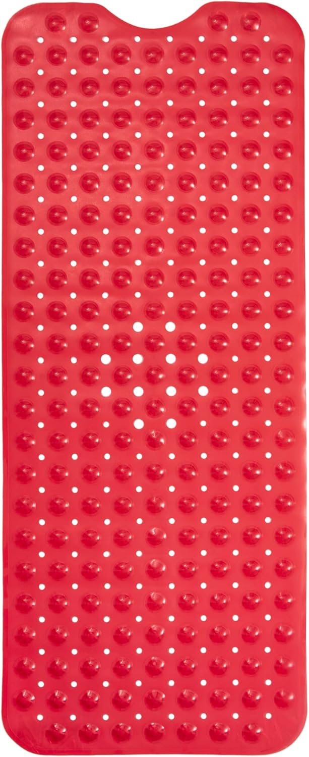 ENKOSI Non-Slip Bath Mat – Extra Long 40 x 16 Bathtub Shower Mat – Anti Slip Safe PVC Bathroom Tub Mat with Suction Cups & Drain Holes for Safety and Decor (40x16 Red)