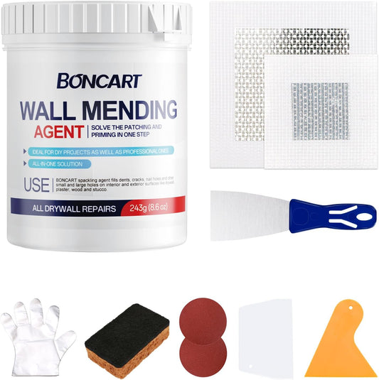 8.6oz Drywall Patch Repair Kit - Professional All-in-1 Tool Set (Scrapers/Sandpaper/Texture Sponge/Gloves/ Aluminum Patches) for Fast Wall Hole Repair