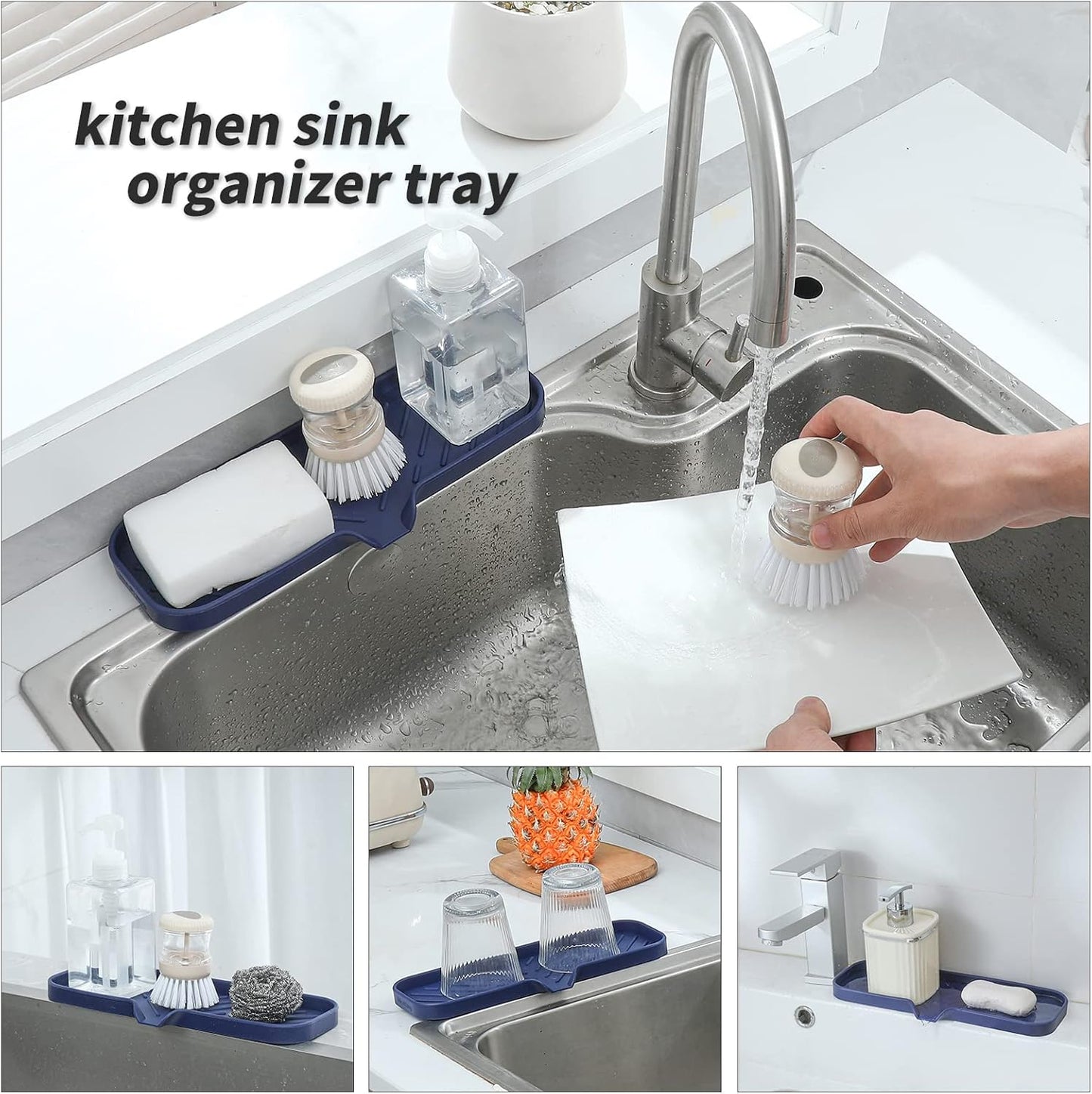 Silicone Bathroom Soap Dishes with Drain Spout-Kitchen Sink Organizer,Sponge Holder,Dish Soap Tray,Perfect for Dispenser,Scrubber,Bottle,Cup on Sink or Counter-Navy Blue 12"×4"