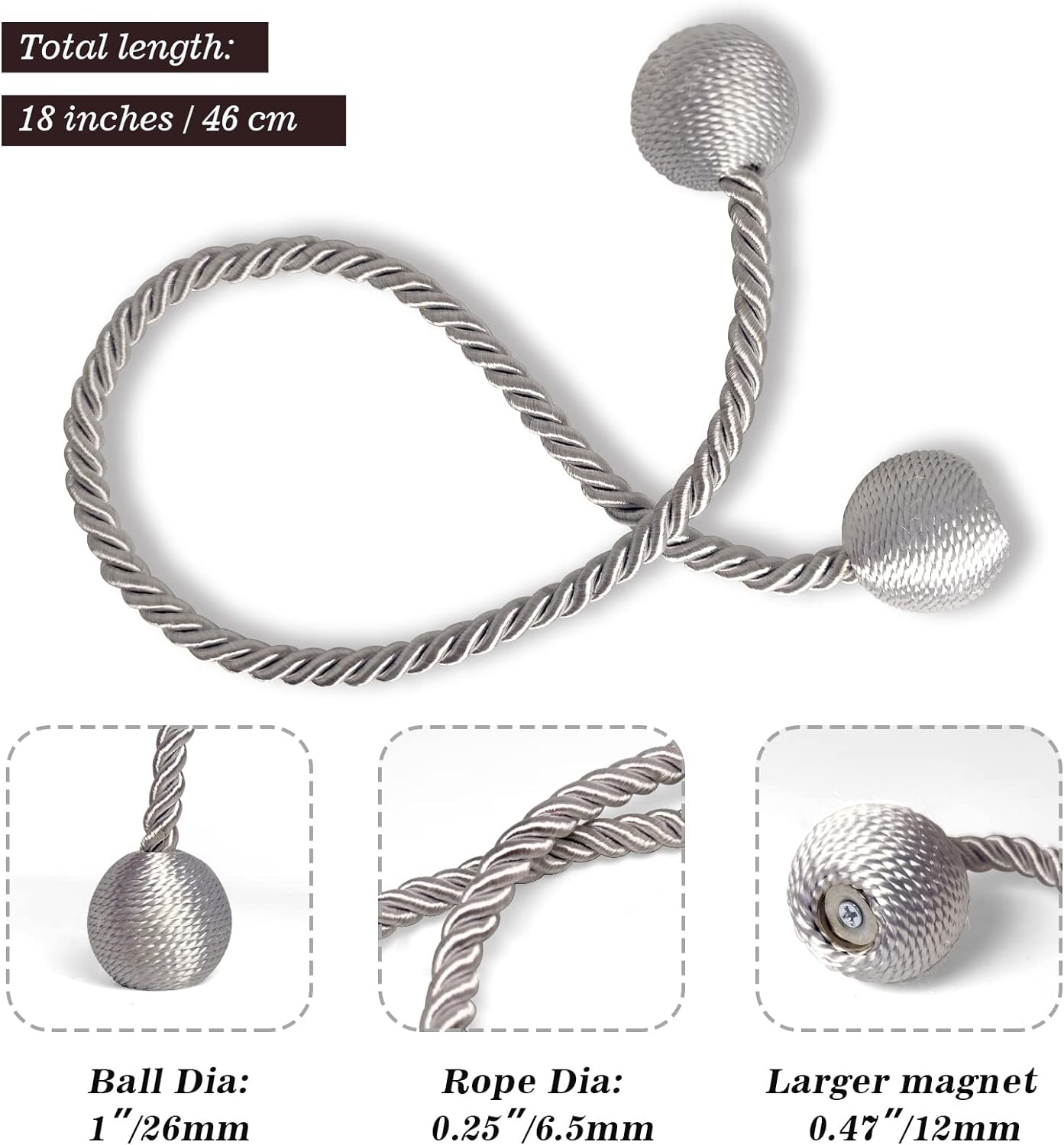 Hion Magnetic Curtain Tiebacks Grey 6 Pack, Curtain Tiebacks Buckles Holdbacks Holders Hooks Clip for Home Bedroom Office Decorative Thick or Thin Curtain