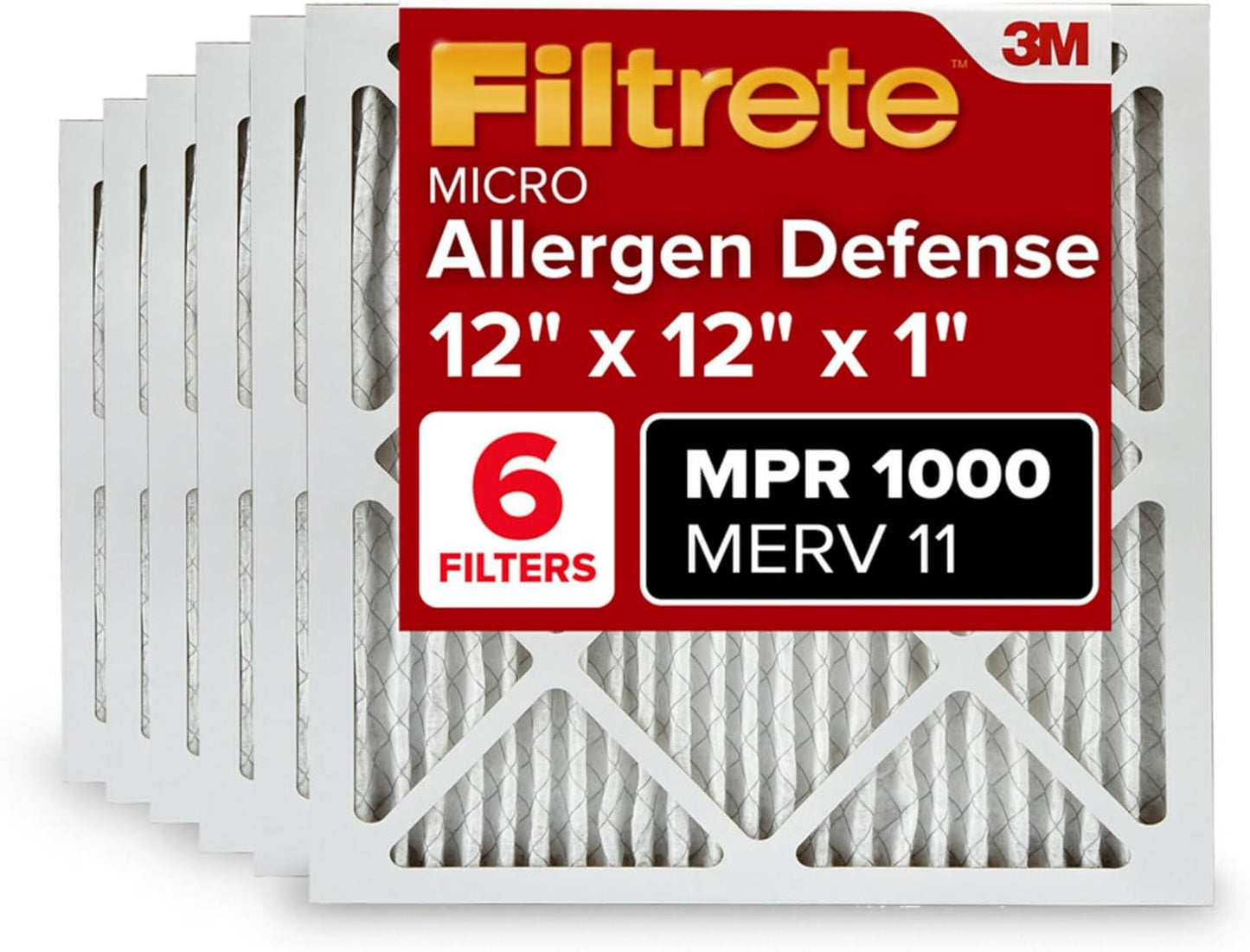 Filtrete 12x12x1 AC Furnace Air Filter, MERV 11, MPR 1000, Micro Allergen Defense, 3-Month Pleated 1-Inch Electrostatic Air Cleaning Filter, 6 Pack (Actual Size 11.81x11.81x0.81 in)