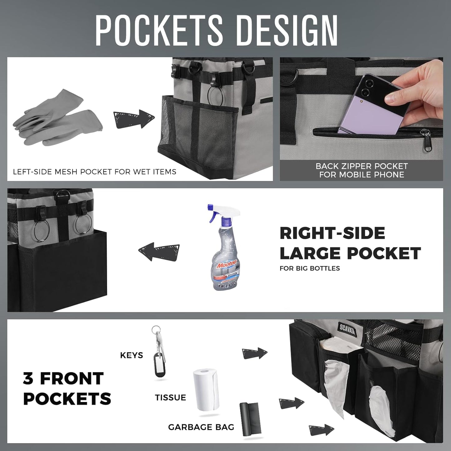 Wearable Cleaning Caddy Bag, Cleaning Caddy Supplies Organizer with Handle & Shoulder Straps for Housekeepers, Under Sink & Car Cleaning Tool Organizers with 4 Foldable Divider (Grey)