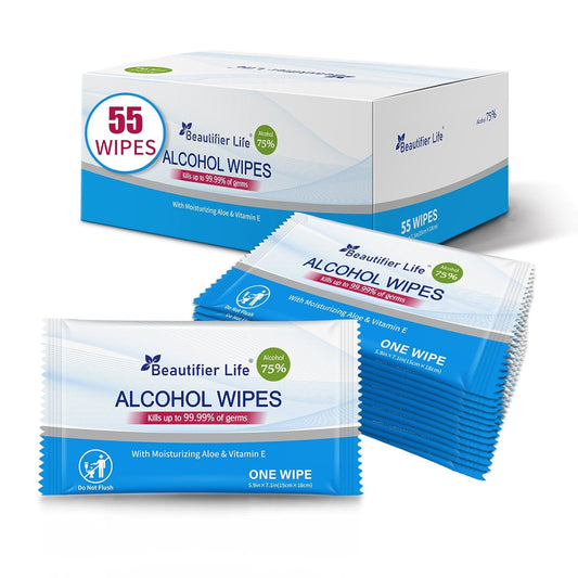 All - Purpose Travel Wipes, 55 Individually Wrapped 75% Alcohol Antibacterial Hand Sanitizing Wipes with Aloe Moisturizer & Vitamin E for for On-the-Go Use, Restaurant, Home Office