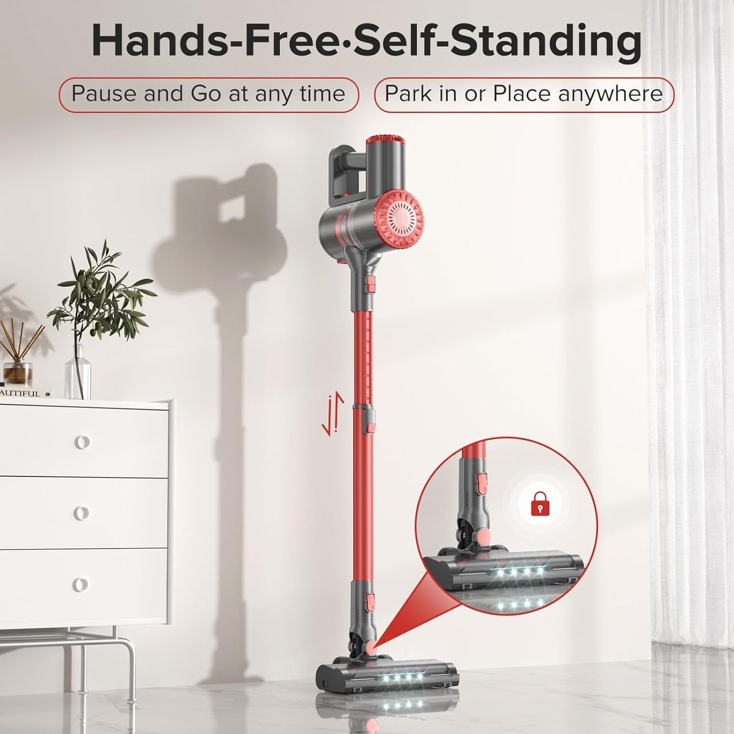 Cordless Vacuum Cleaner with Self-Standing, 40KPA Stick Vacuum Cleaners for Home, 8-in-1 Lightweight Rechargeable Vacuum, 7-Layer Filtration,Ideal for Carpet, Pet Hair, Hardwood Floors