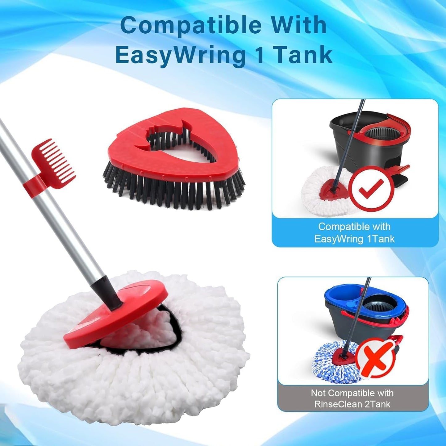 Spin Mop Head and Brush Replacement Compatible with O Cedar EasyWring 1-Tank System, 4 Mop Replace Heads, 1 Handle, 1 Base and 1 Scrub Brush Combo Set