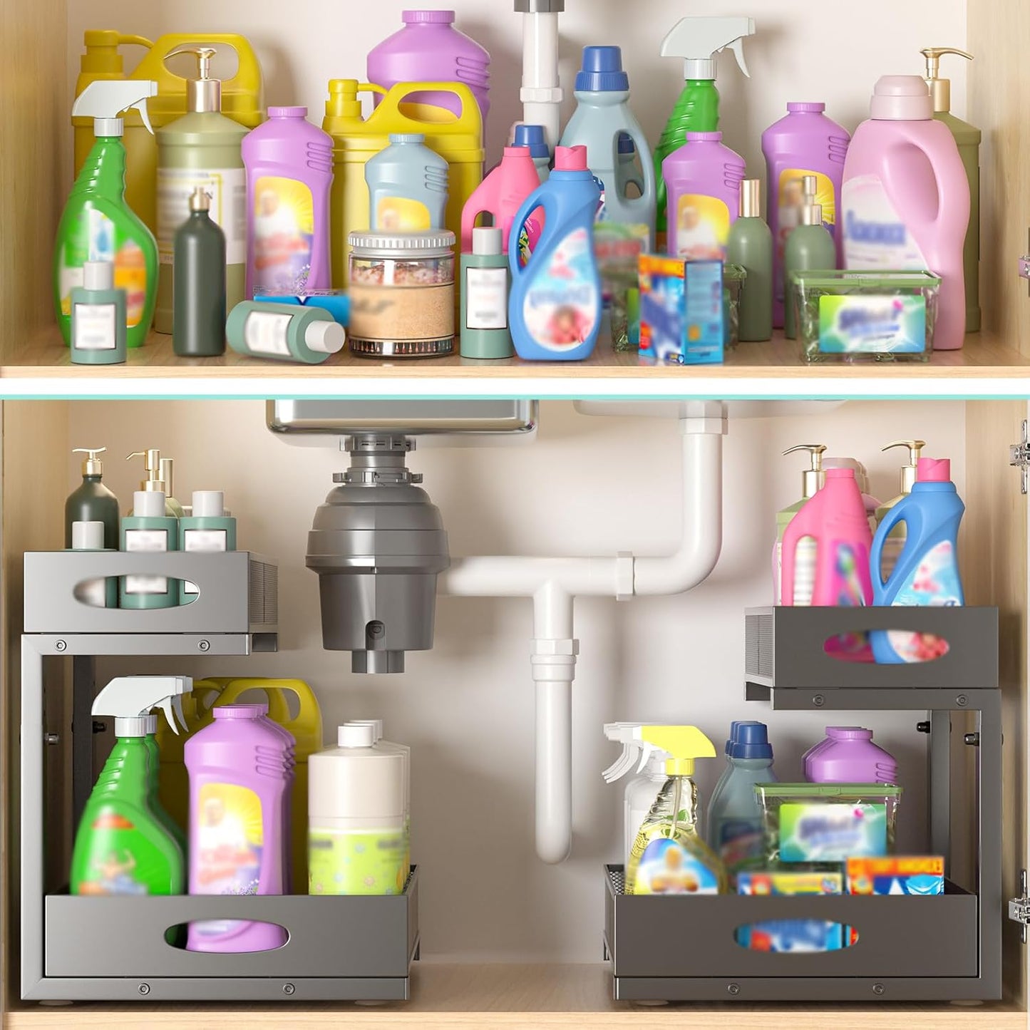 Under Sink Organizer, Extra-Wide Upgrade, 1-Pack of 2-Tier Metal Slide Out Cabinet Organizer, Height Adjustable Organization and Storage Series, Bathroom/Cabinet/Kitchen organization, Black