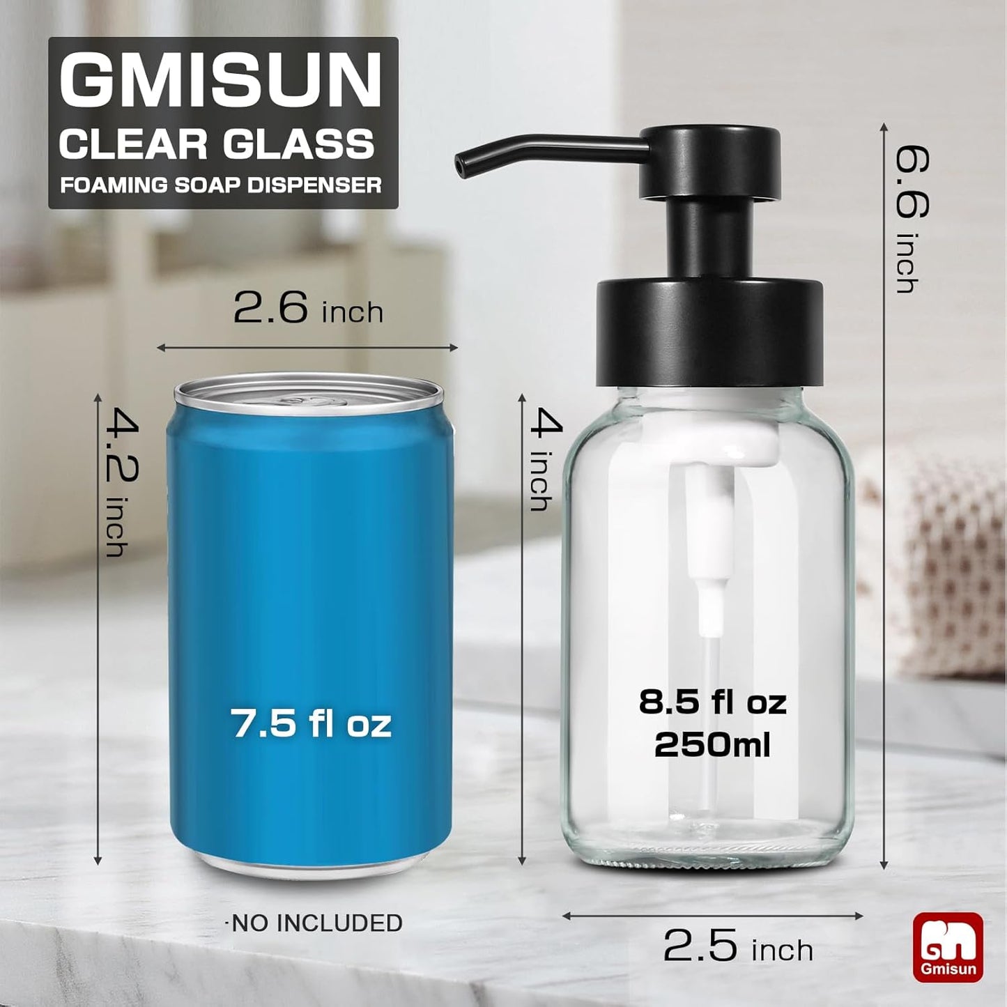 GMISUN Foam Soap Dispenser, 2 Pack 8.5 fl oz / 250 ml Clear Glass Soap Dispenser for Bathroom & Kitchen, Modern Hand Soap Dispensers, Refillable Glass Foaming Soap Dispensers with Waterproof Labels