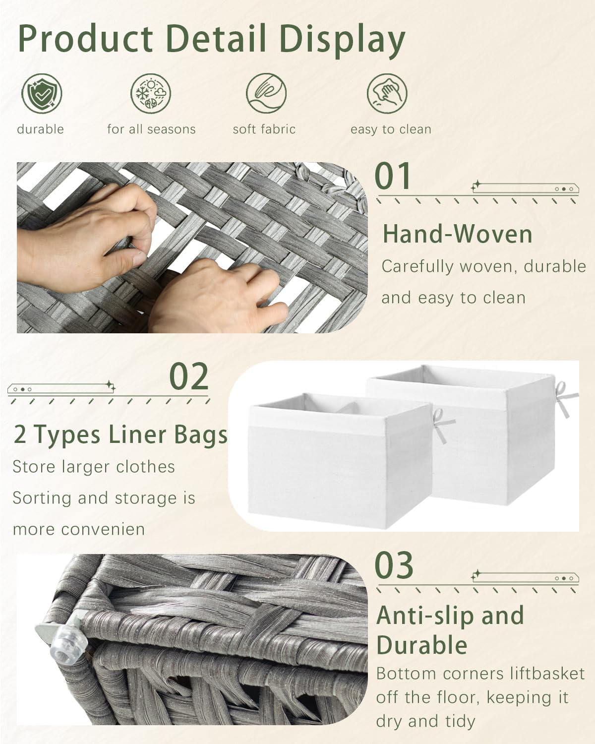 Storage Basket with Lid Wicker Baskets for Storage with 2 Separate Lid 42.3 Gallon (160 L) 29.9 x 17.3 x 18.1 Inches Rattan Woven Large Wicker Basket with 2 Liners for Bedroom Laundry Gray