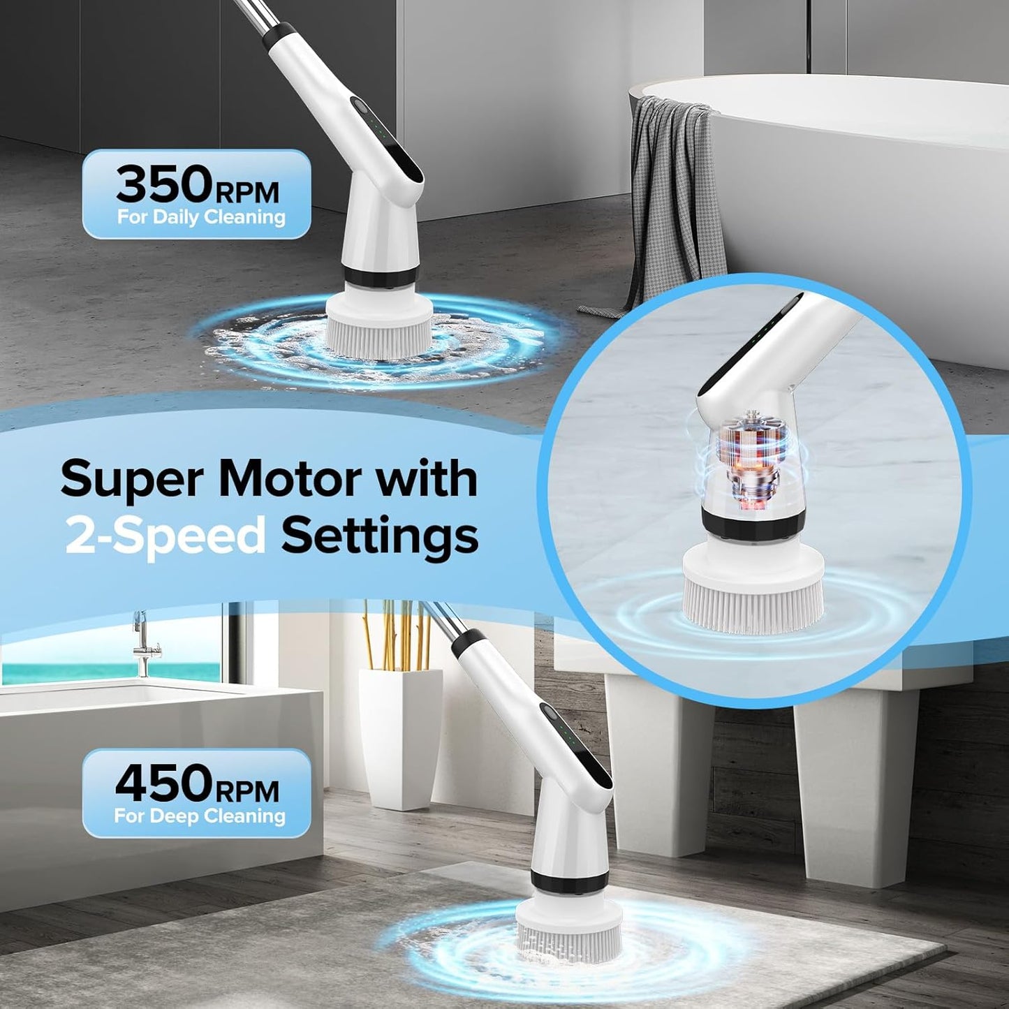 WKY-Electric Spin Scrubber - Upgraded 12-in-1 IPX7 Waterproof Shower Cleaner Brush, Retractable Handle & 2-Speed for Bathroom, Bathtub, Kitchen, Tile Floors