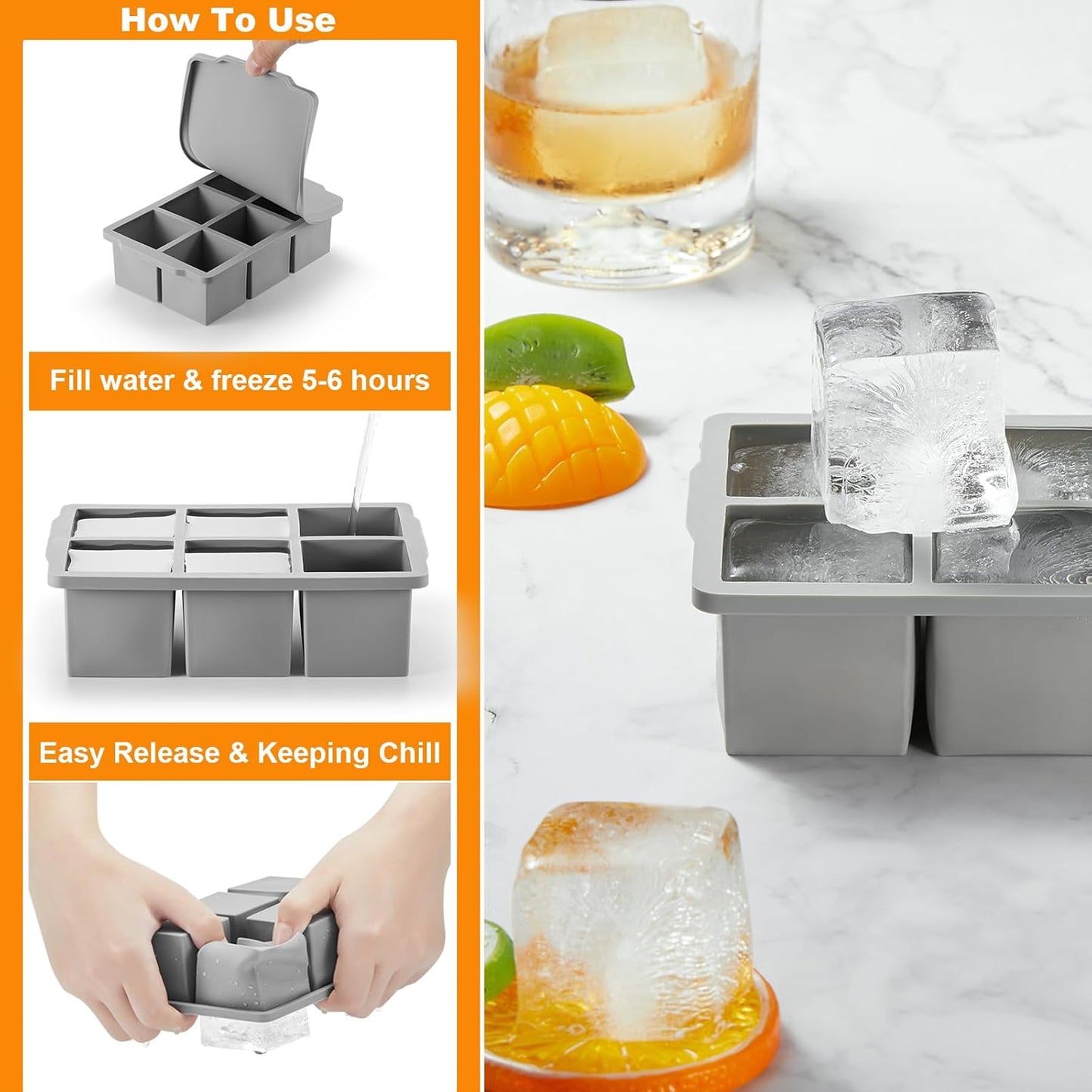 Nax Caki Pink Large Ice Cube Tray with Lid Pack of 2, Stackable Big Silicone Square Ice Cube Mold for Whiskey Cocktails Bourbon Soups Frozen Treats, BPA Free