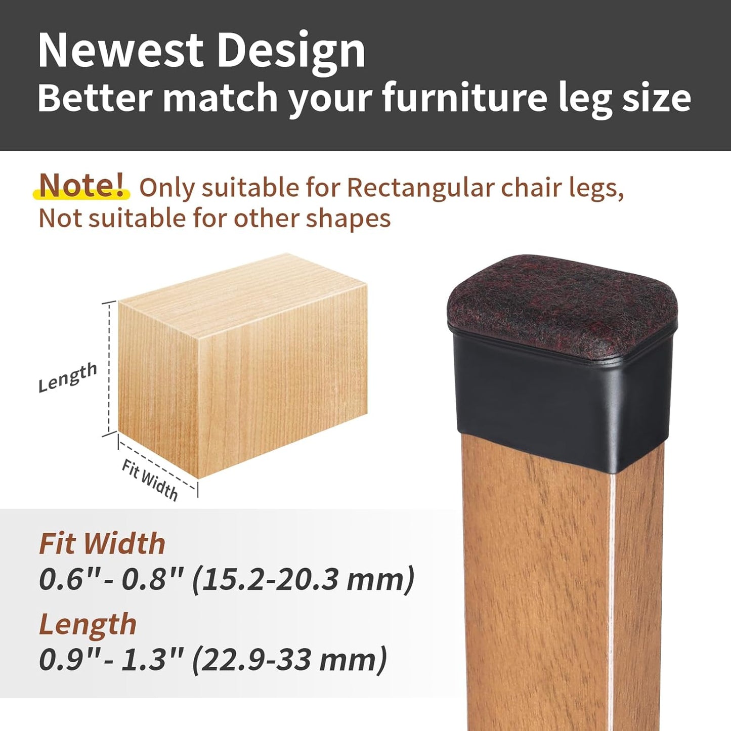 Ezprotekt 8 Pcs Rectangle Black Felt Chair Leg Floor Protectors for Hardwood Floors, Rectangle Silicone Chair Leg Caps, Furniture Leg Covers Cups for Chair Table (Fit W :0.6-0.8", L: 0.9-1.3")