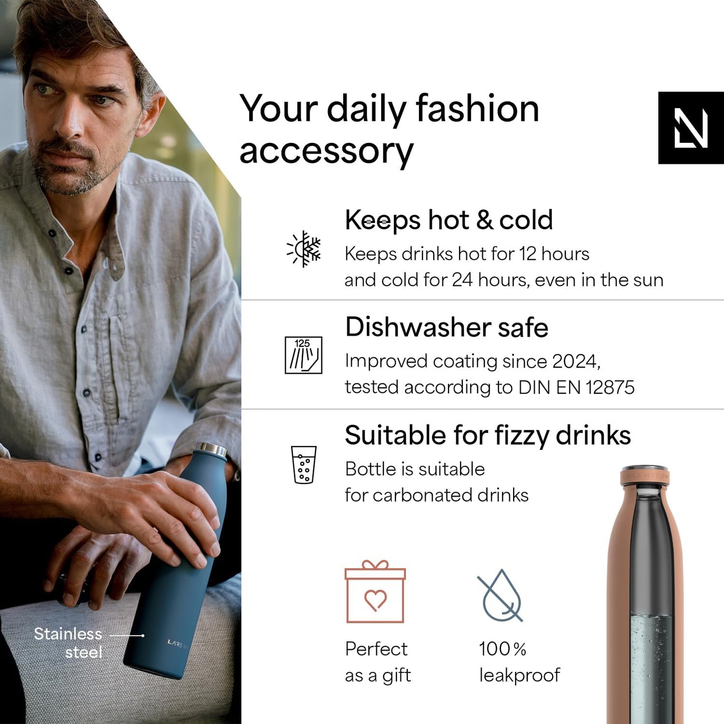 LARS NYSØM Stainless Steel Insulated Water Bottle 12oz 17oz 25oz 34oz 51oz | Insulated Thermo Flask for Hot and Cold Beverages | Leakproof Drinking Bottle (Blush Rose, 17oz)