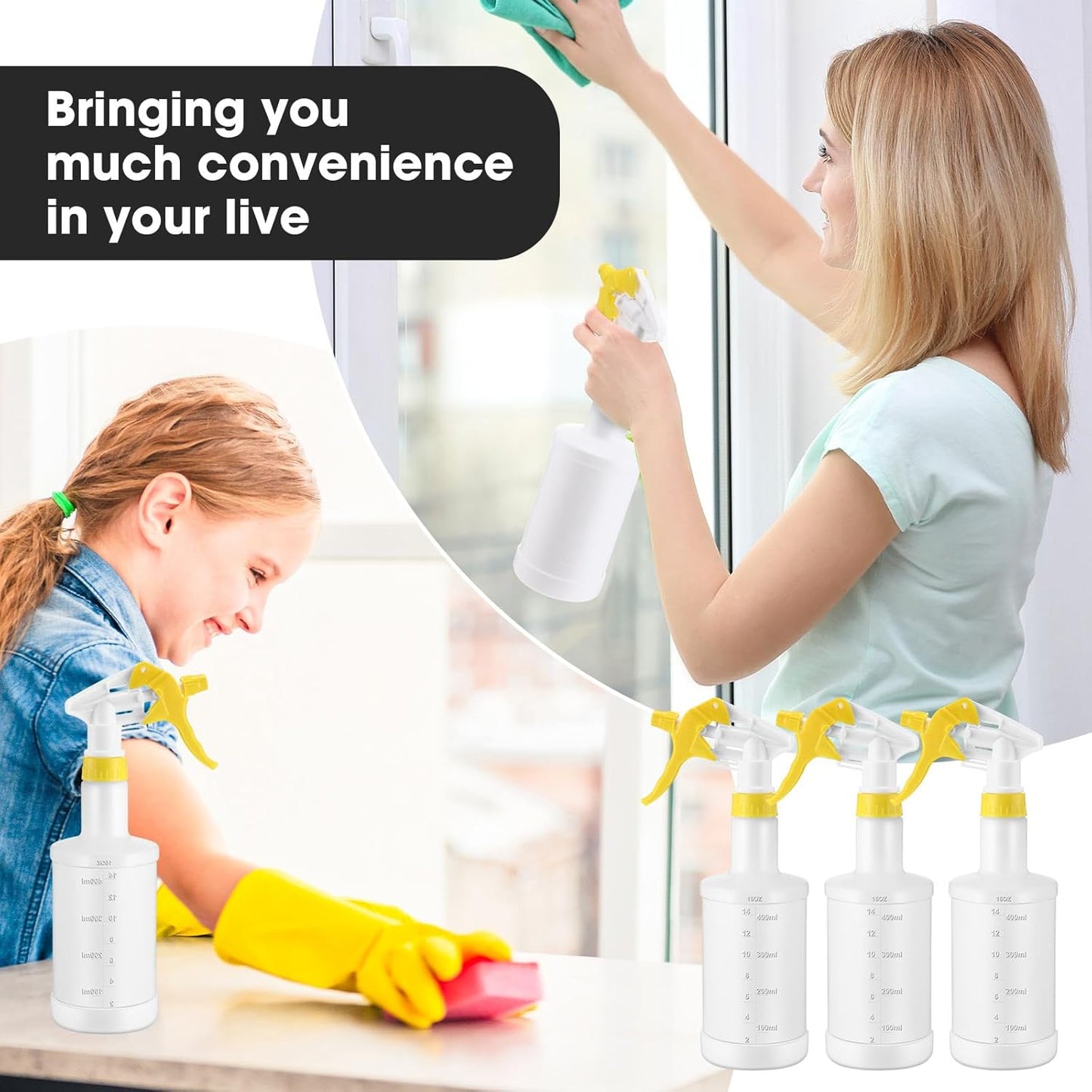 Eccliy 12 Pcs 16 Oz Plastic Spray Bottle, Adjustable Empty Reusable Sprayer for Cleaning, Planting, Water, Bathroom and Kitchen, BBQ, Commercial and Residential(Yellow,Measurement)