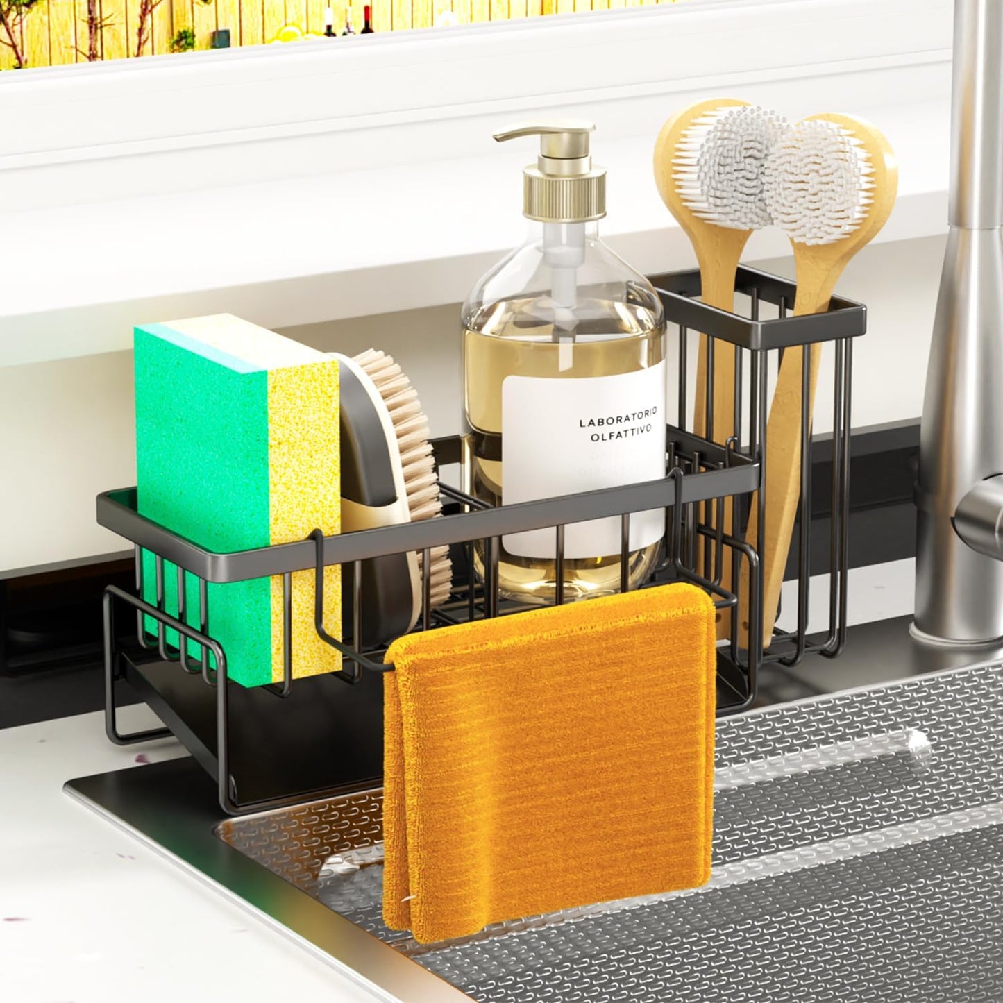 Sponge Holder & Sink Caddy Organizer - Rustproof Kitchen Sink Organizer with High Brush Holder - Kitchen Essentials Countertop Storage Organization (Black)
