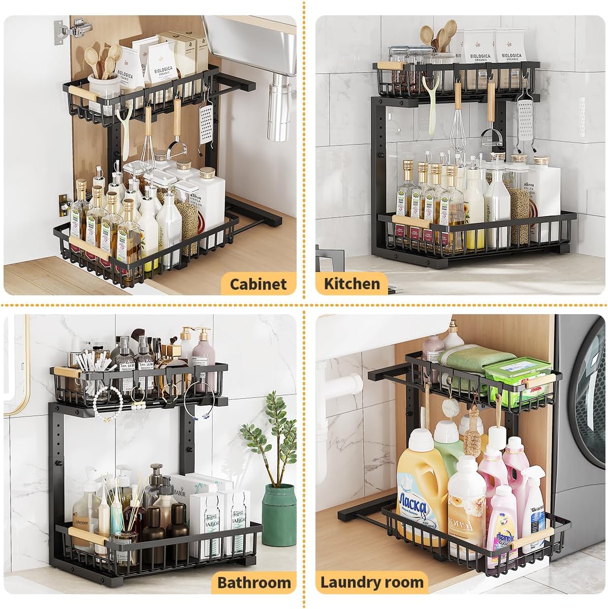 Under Sink Organizer, 2 Tier Under Sink Organizers and Storage, Metal Slide out Pull out Cabinet Organizer ，2 Pack Sliding Drawer Organizer for Kitchen Bathroom Pantry