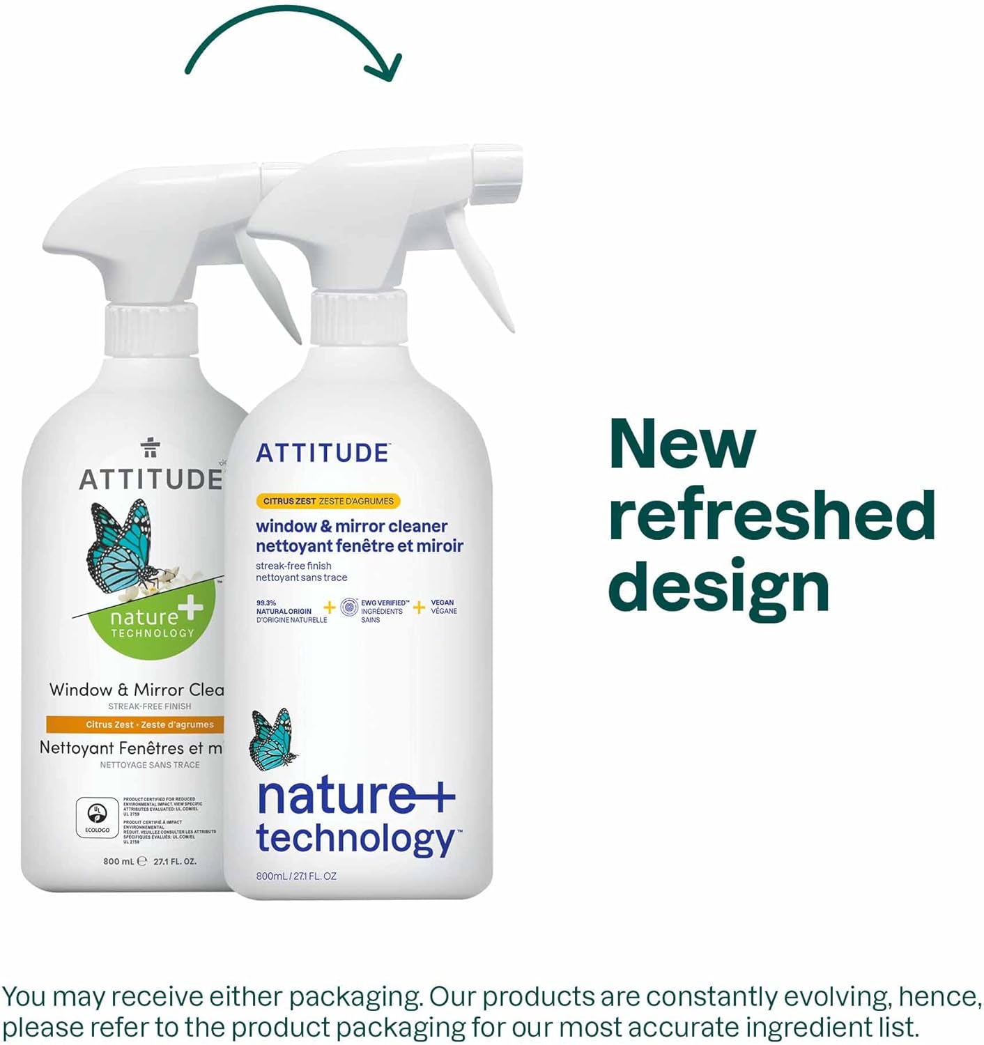 ATTITUDE Window & Mirror Cleaner, EWG Verified, Plant- & Mineral-Based, Vegan & Streak-Free Glass Spray, Citrus Zest Scent, 27.1 Fl Oz