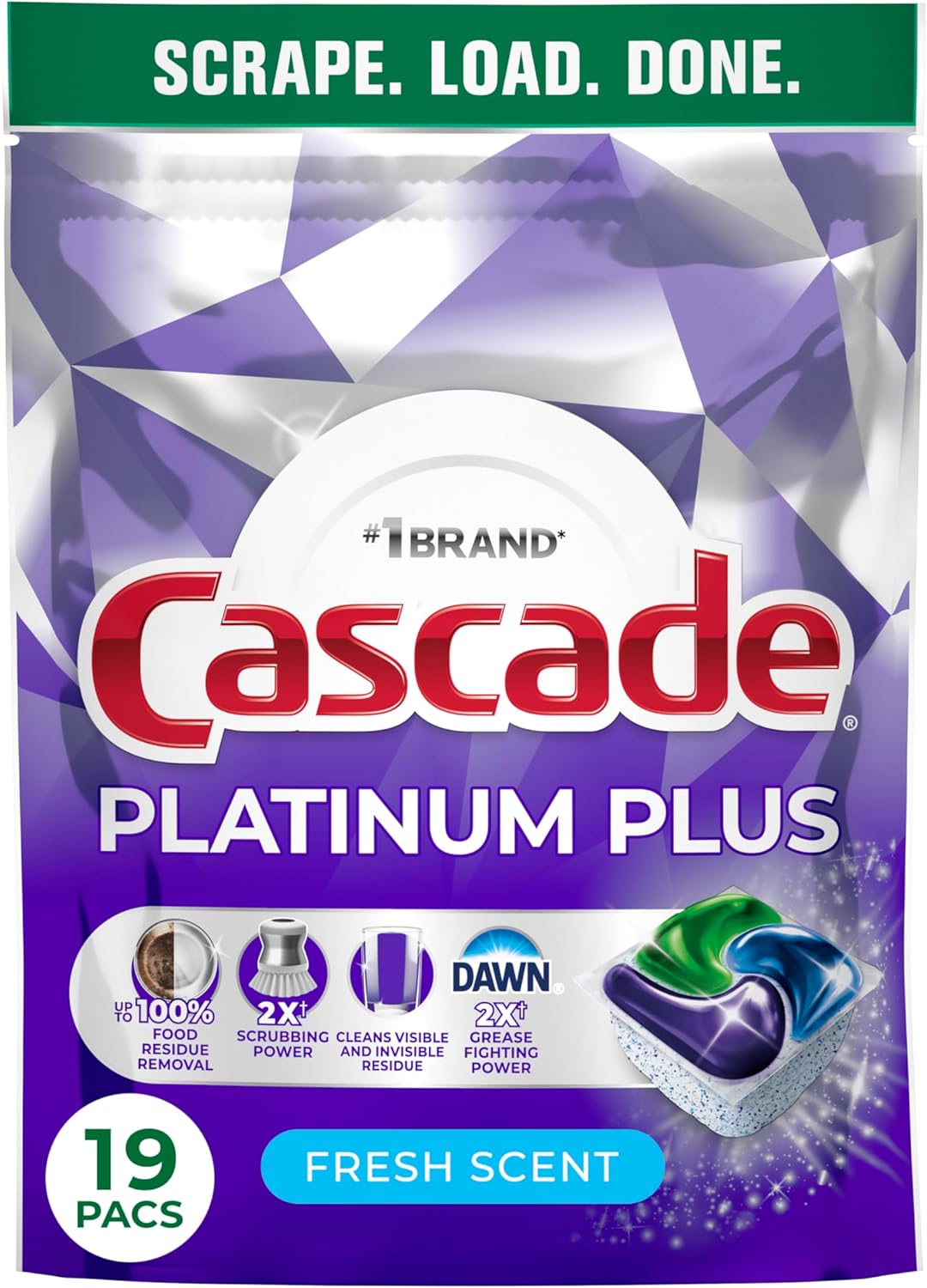 Cascade Platinum Plus Dishwasher Pods, Dishwasher Detergent, Dish Detergent Soap, Fresh, 19 Count