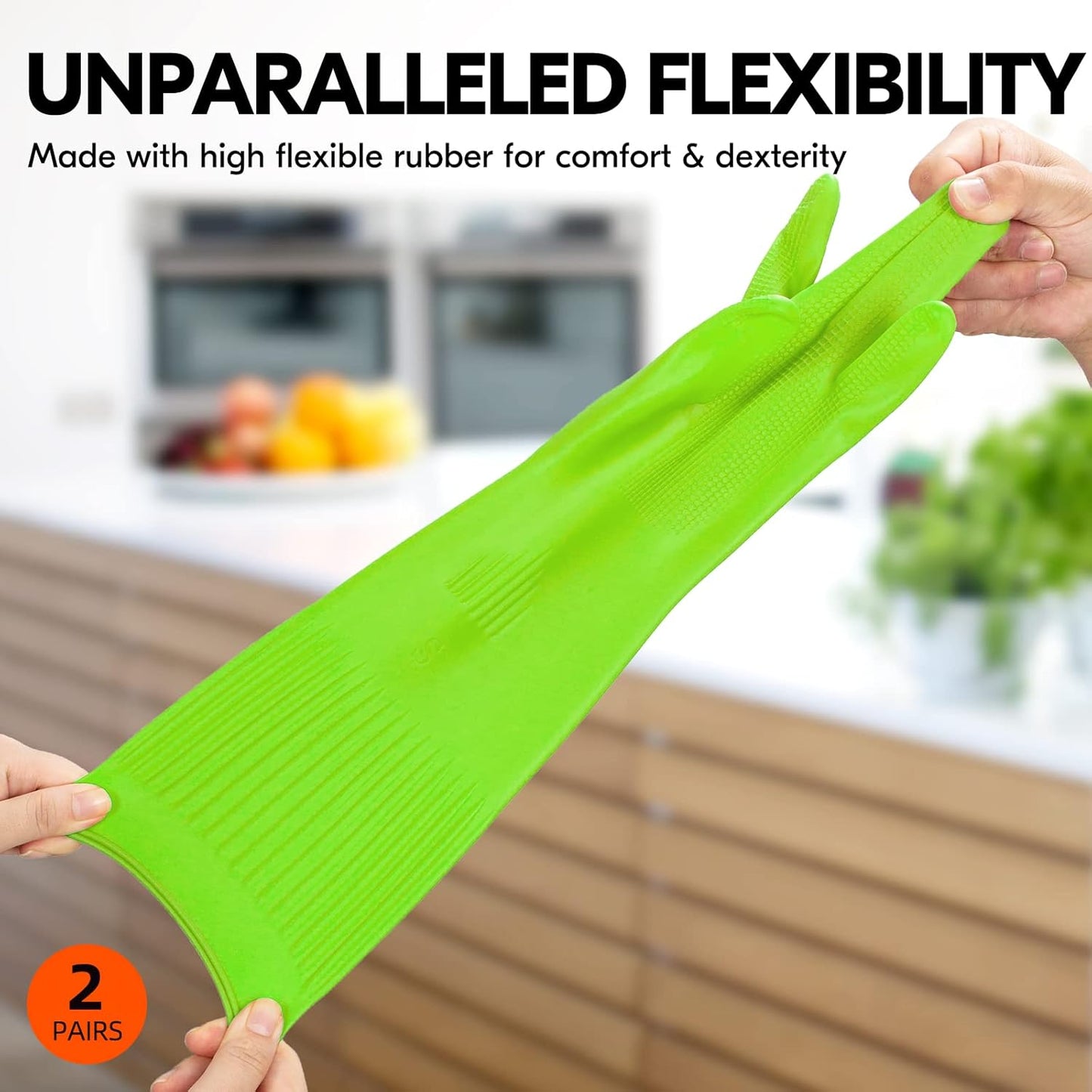 Vgo 2-Pairs Dishwashing Gloves, Reusable Household Gloves, Long Sleeve, Thick Latex, Cleaning, Washing, Working, Painting, Gardening, Pet Care (Size M, Green, RB2143)
