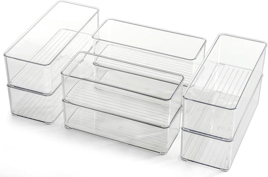 Hudgan 8 Pack Clear Plastic Drawer Organizers Set, Stackable Deep Drawer Organizer for Makeup Vanity and Desk, 2 Sizes Tall Bathroom Drawer Organizer