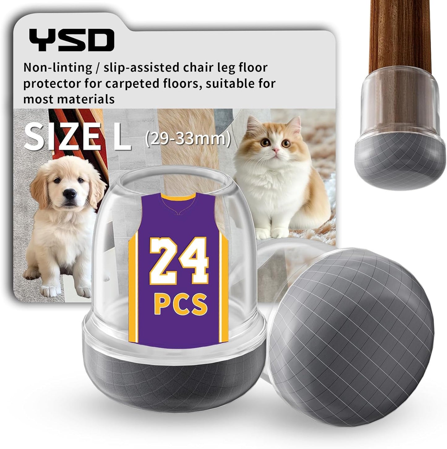 YSD 1.25Inch 24 Pcs Silicone Chair Leg Floor Protectors,Hair and dust Resistant Round Chair Leg Caps for Tilt Chair Legs,Carpet Hardwood Floor Protectors with Gray Pads