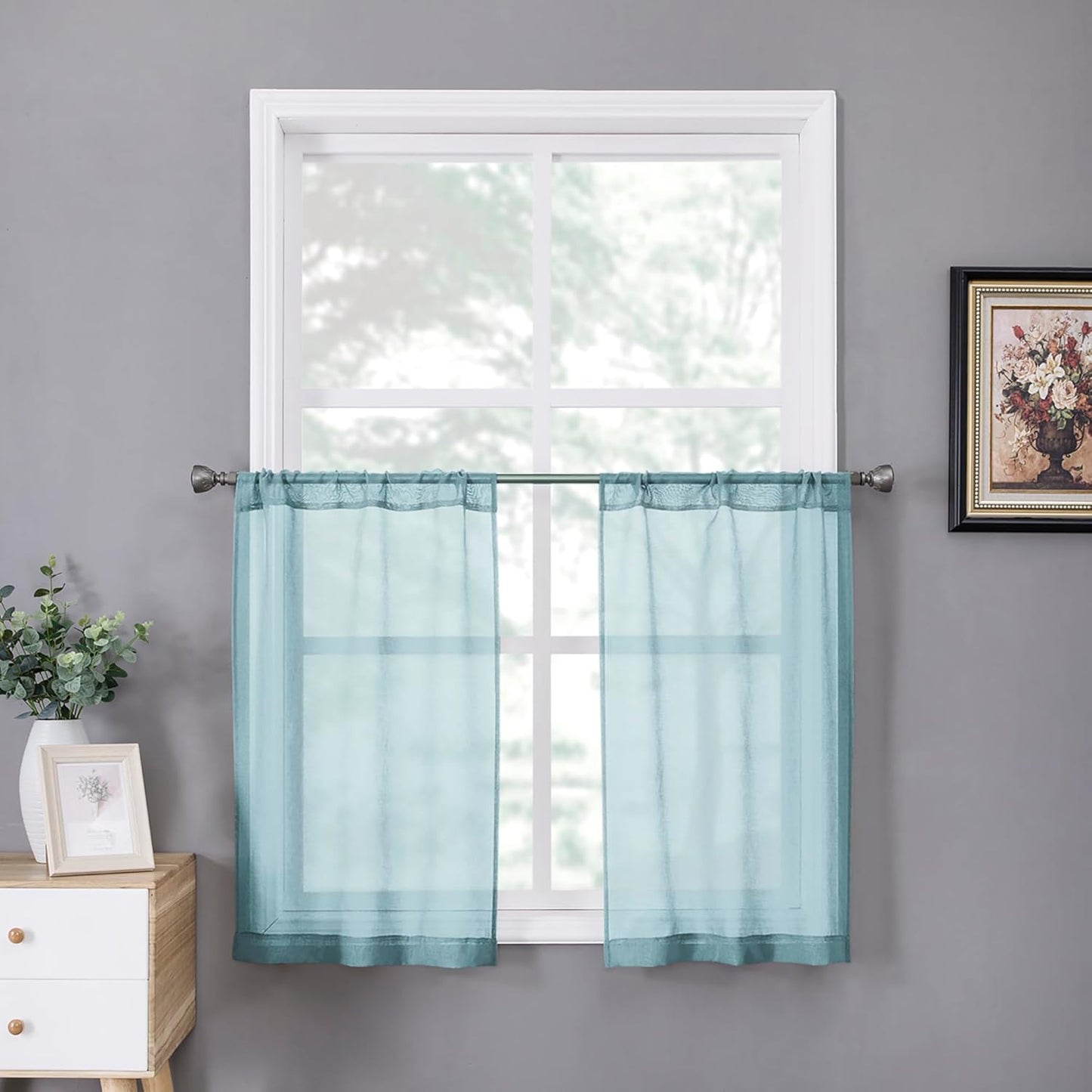 Tollpiz Short Sheer Tier Curtains Linen Textured Half Kitchen Curtain Sheers Light Filtering Rod Pocket Voile Small Curtain for Bathroom, 25 x 24 inches Long, Dusty Blue, Set of 2 Panels