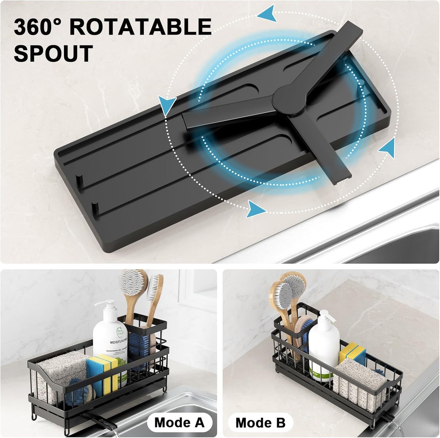 Sponge Holder for Kitchen Sink, Sink Caddy with High Brush Holder, Rustproof and Strong, anti slip, Self Draining spout is ideal, Keep Countertop Cleaning, Black