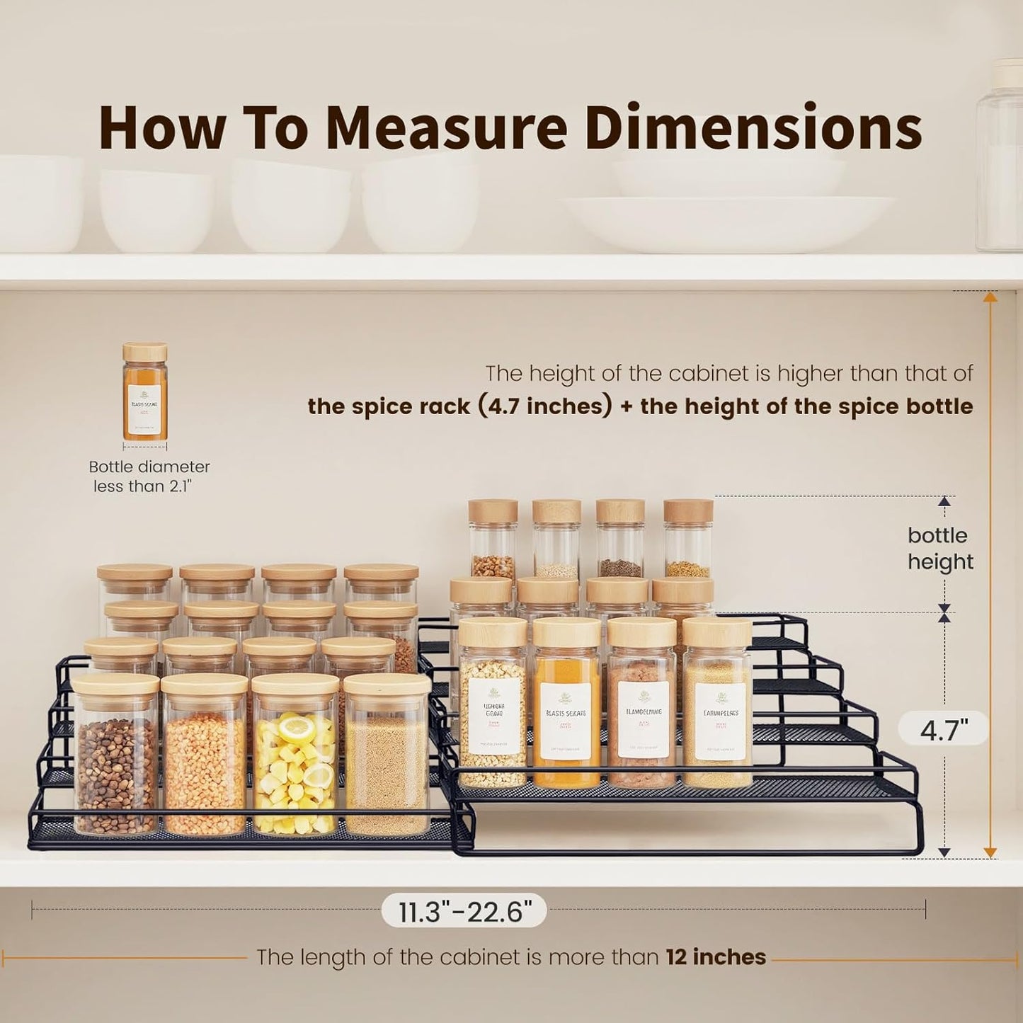 Spice Rack Organizer for Cabinet, 4 Tier Seasoning Organizer, Expandable Shelf,Step Storage Holder, Kitchen Cabinet Countertop,with Protection Railing, Metal (Black,4 Tier,2Pack)