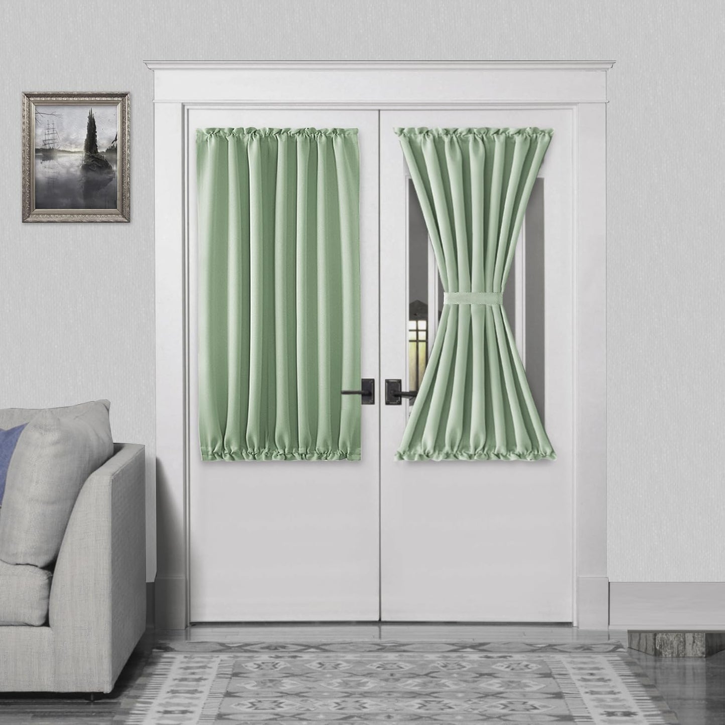 DWCN French Door Curtains – Rod Pocket Thermal Blackout Curtain for Doors with Glass Window, Kitchen and Patio Doors for Privacy, 54 X 40 Inches Long, 1 Curtain Panel with Tieback,Bean Green