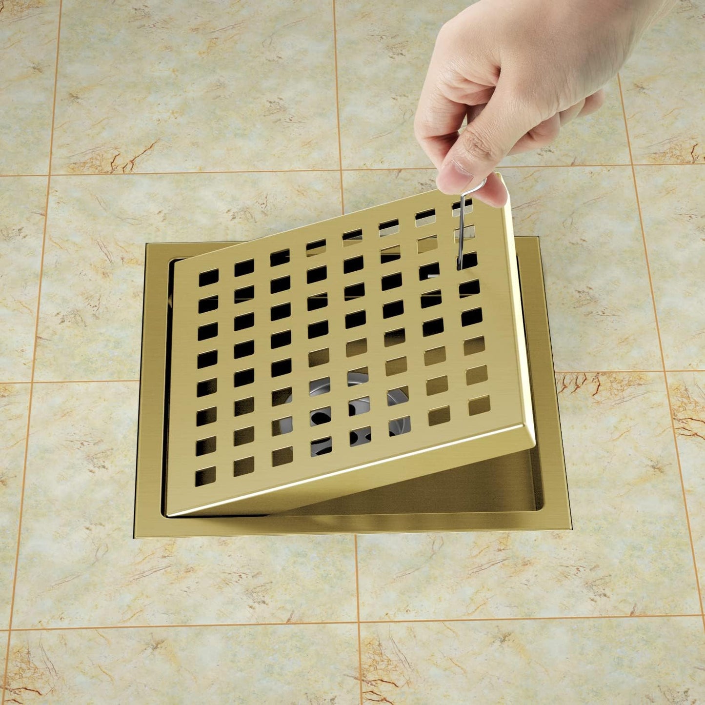 Shower Drain Brushed Gold 6 Inch, Square Floor Drain, Stainless Steel Drain Kit with Flange, Removable Grid Cover, Hair Strainer