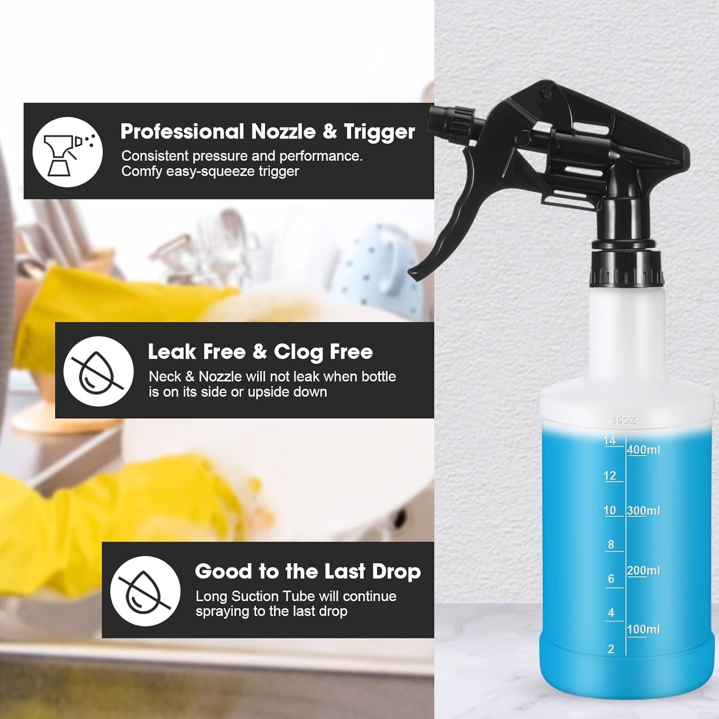 Eccliy 12 Pcs 16 Oz Plastic Spray Bottle, Adjustable Empty Reusable Sprayer for Cleaning, Planting, Water, Bathroom and Kitchen, BBQ, Commercial and Residential (Black Clear,Measurement)