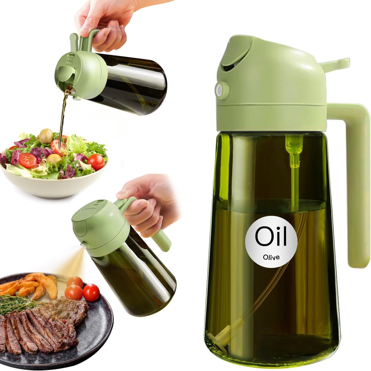 YARRAMATE 16oz/470ml Light Blocking Oil Sprayer for Cooking with Stickers, Food-Grade 2 in 1 Olive Oil Dispenser Bottle for Kitchen, Premium Dark Green Glass Oil Bottle for Air Fryer, BBQ (Green)